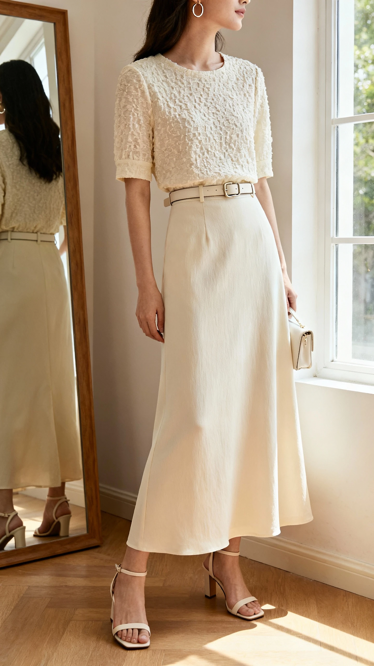 iPhone mirror selfie of a woman wearing a monochrome maxi skirt set with a textured top (same color family), sleek belt, heeled sandals, minimal hoop earrings, and a small clutch, face not visible, side angle at neck crop, full-length mirror by window, soft natural morning light, iPhone photo quality.