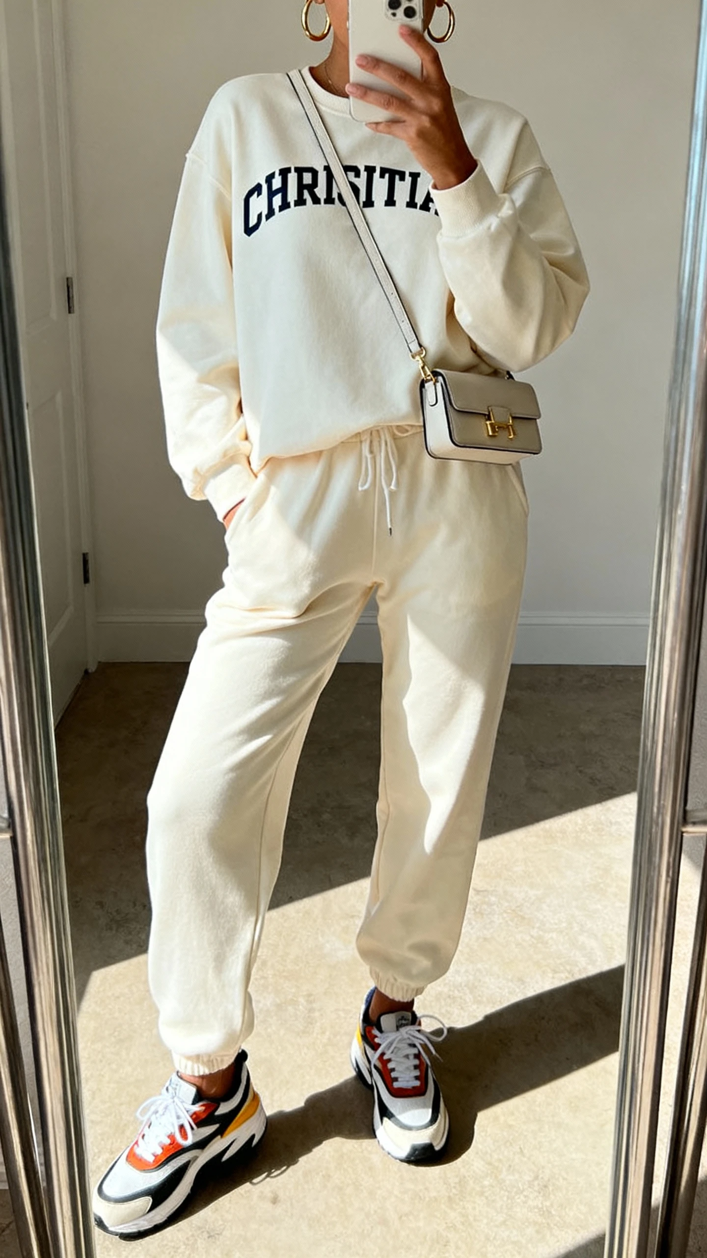 iPhone mirror selfie of a woman wearing a monochrome modest Christian crewneck and matching joggers set with statement sneakers, mini crossbody bag, and hoop earrings; face not visible, full-length mirror, indoor afternoon light, iPhone photo quality.