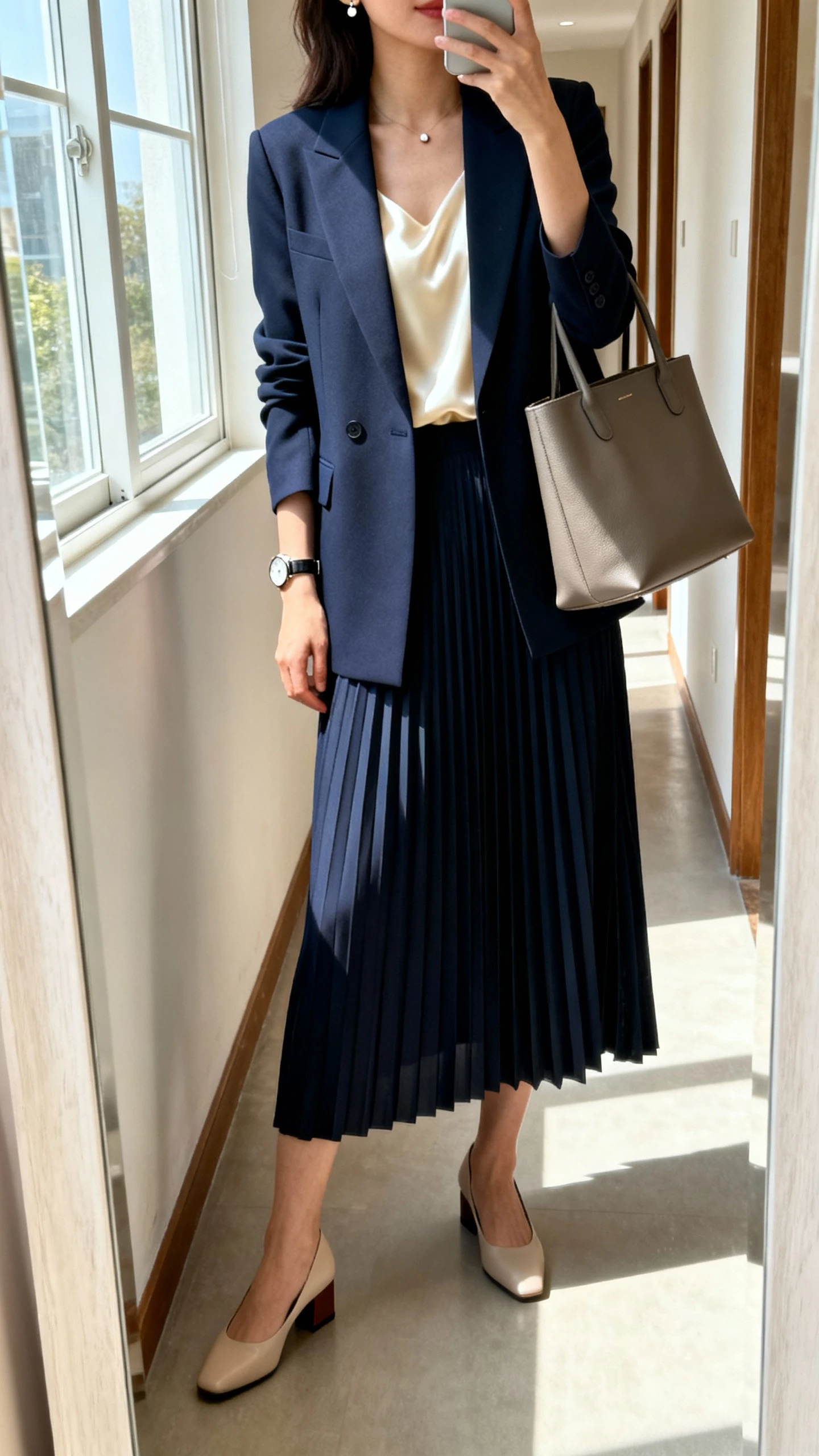 iPhone mirror selfie of a woman wearing a navy full-length pleated skirt, matching single-breasted blazer, cream satin shell top, low block-heel pumps, minimalist watch, small stud earrings, and a structured tote bag, face not visible, cropped at shoulders, hallway mirror, bright daylight from window, iPhone photo quality.