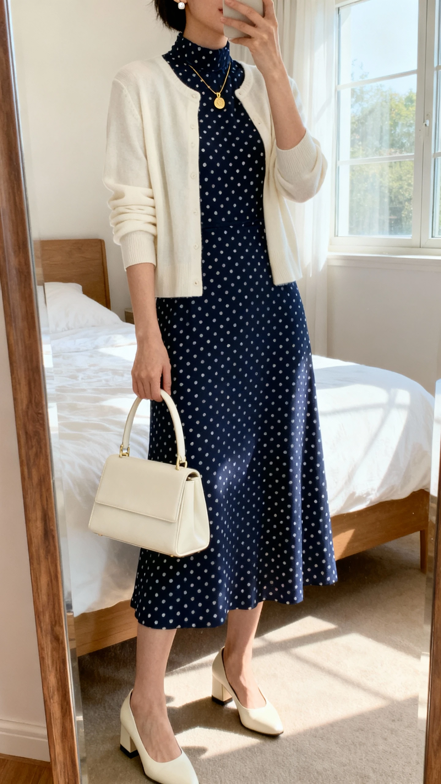 iPhone mirror selfie of a woman wearing a navy polka dot midi dress with a high neckline and elbow-length sleeves, cream cardigan, low block-heel pumps in cream, delicate gold pendant necklace, simple stud earrings, and a structured top-handle bag in cream, face not visible, cropped at neck, bedroom mirror, natural window light, iPhone photo quality.