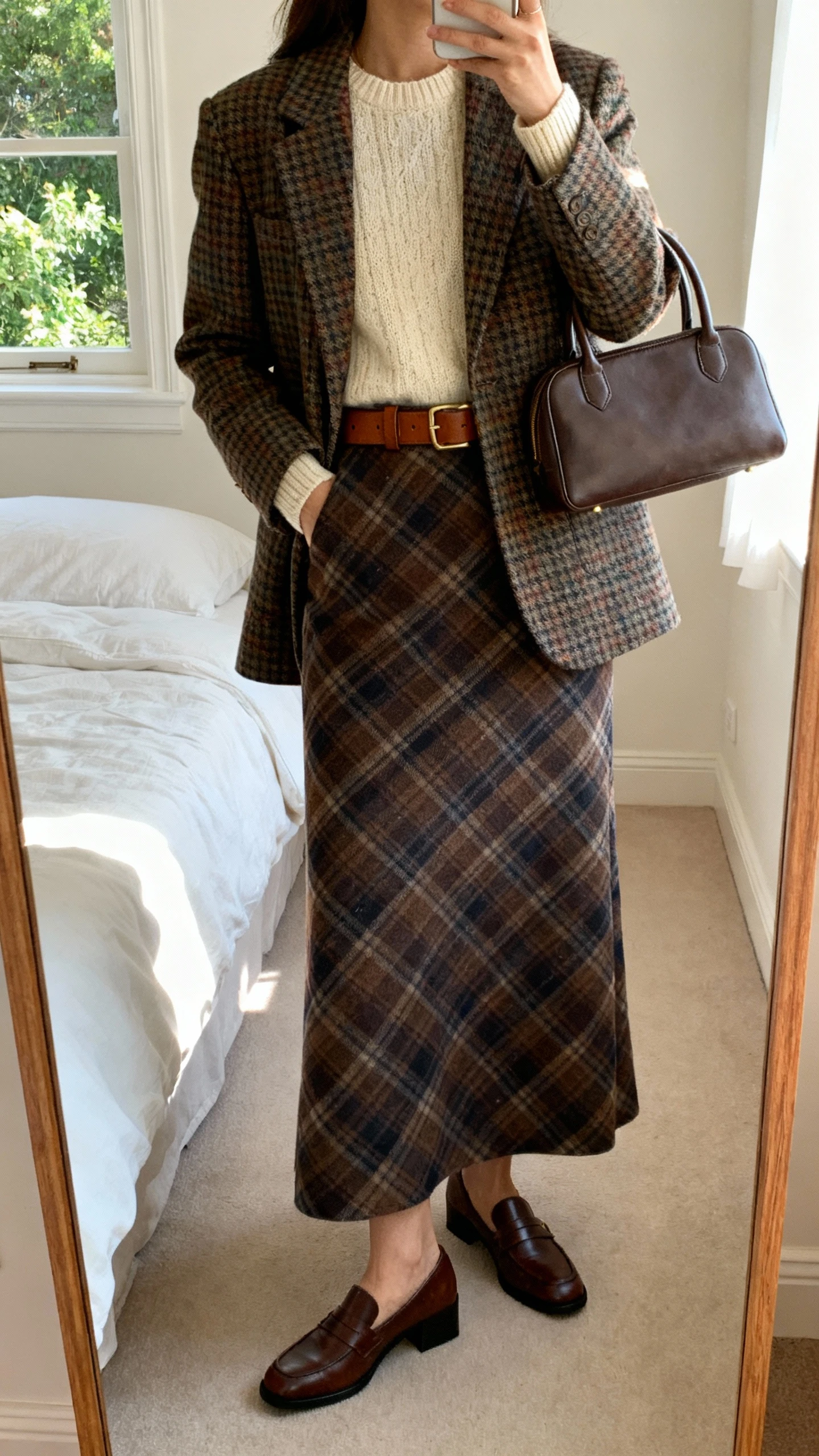 iPhone mirror selfie of a woman wearing a plaid maxi skirt, heritage-style plaid blazer, soft cream knit sweater layered underneath, classic leather belt, low block-heel loafers, structured top-handle bag, face not visible, cropped at neck, bedroom mirror, morning window light, iPhone photo quality.
