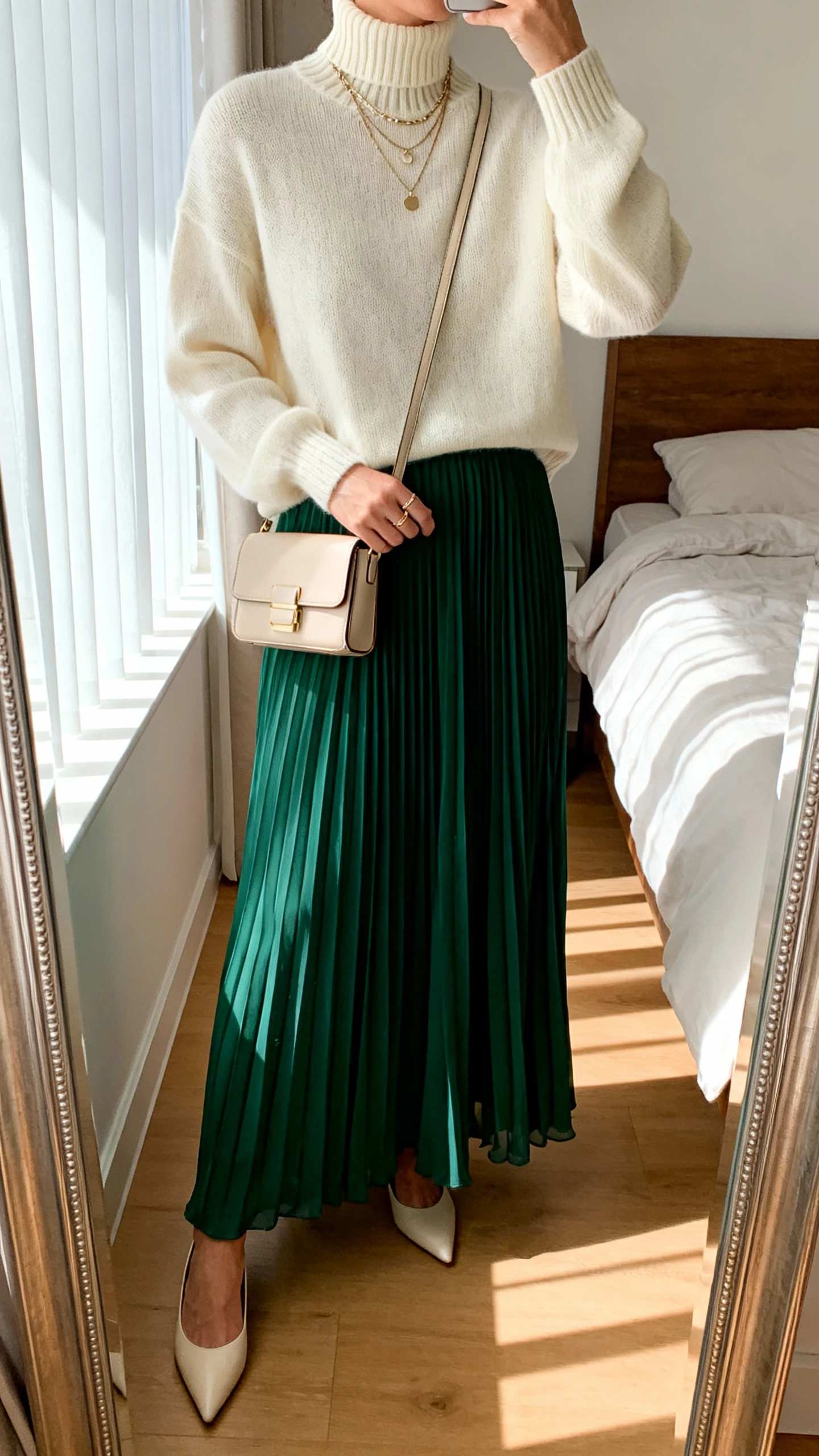 iPhone mirror selfie of a woman wearing a pleated chiffon maxi skirt in forest green, a lightweight cream mock-neck sweater, pointed-toe flats, a structured mini crossbody, and delicate layered necklaces; face not visible, cropped at neck, bedroom mirror, soft morning window light, iPhone photo quality.