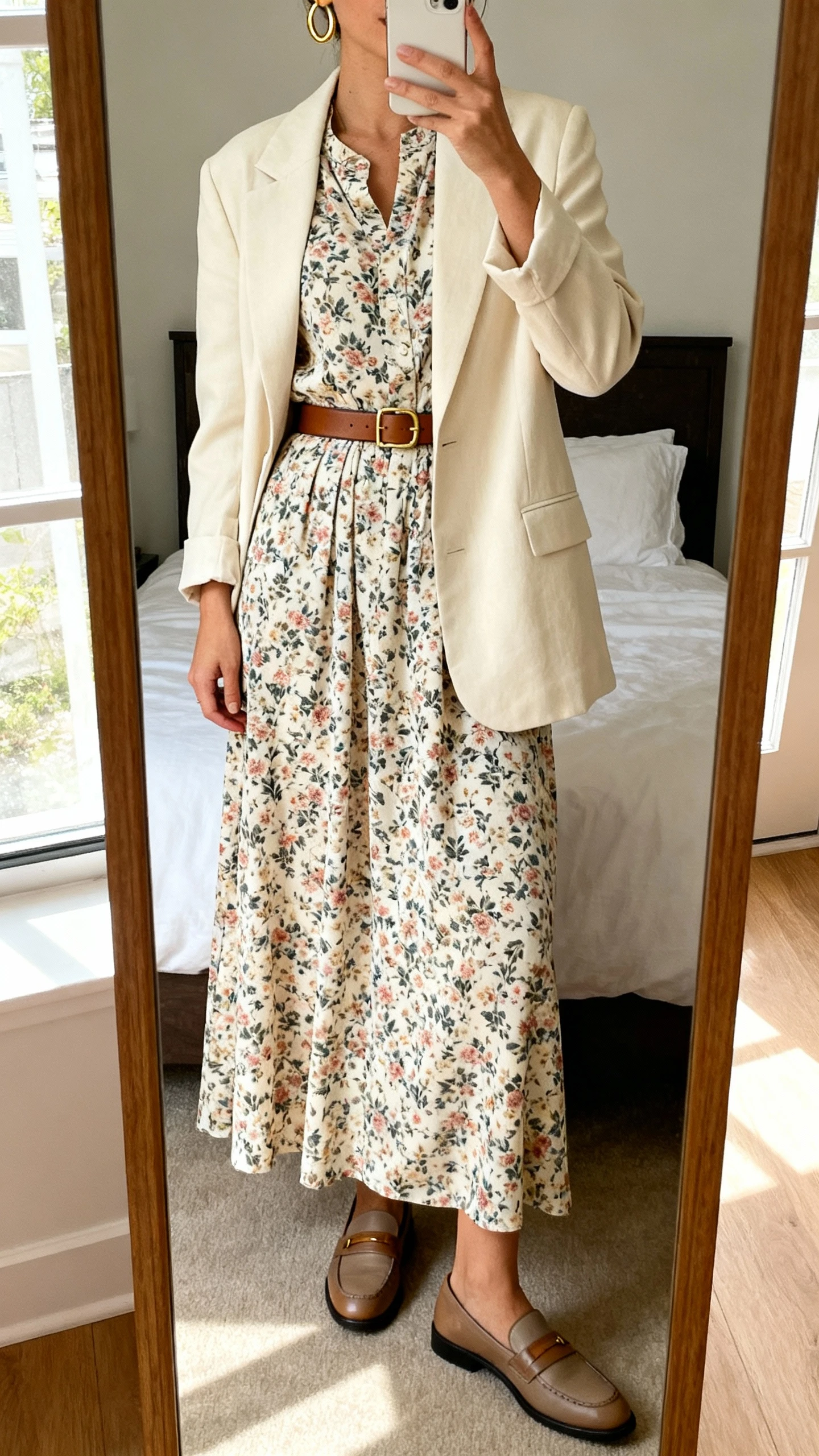 iPhone mirror selfie of a woman wearing a polished floral cotton maxi dress cinched with a slim leather belt under a structured cream blazer, paired with simple gold hoops and classic loafers, face not visible, cropped at shoulders, bedroom mirror, natural daylight, iPhone photo quality.