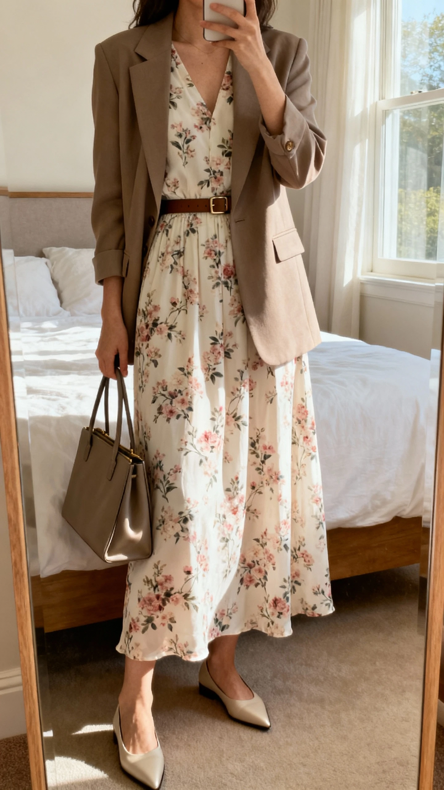 iPhone mirror selfie of a woman wearing a refined blossom floral maxi dress with a tailored blazer, slim belt, pointed-toe flats, and a structured tote, face not visible, cropped at shoulders, bedroom mirror, soft afternoon window light, iPhone photo quality.