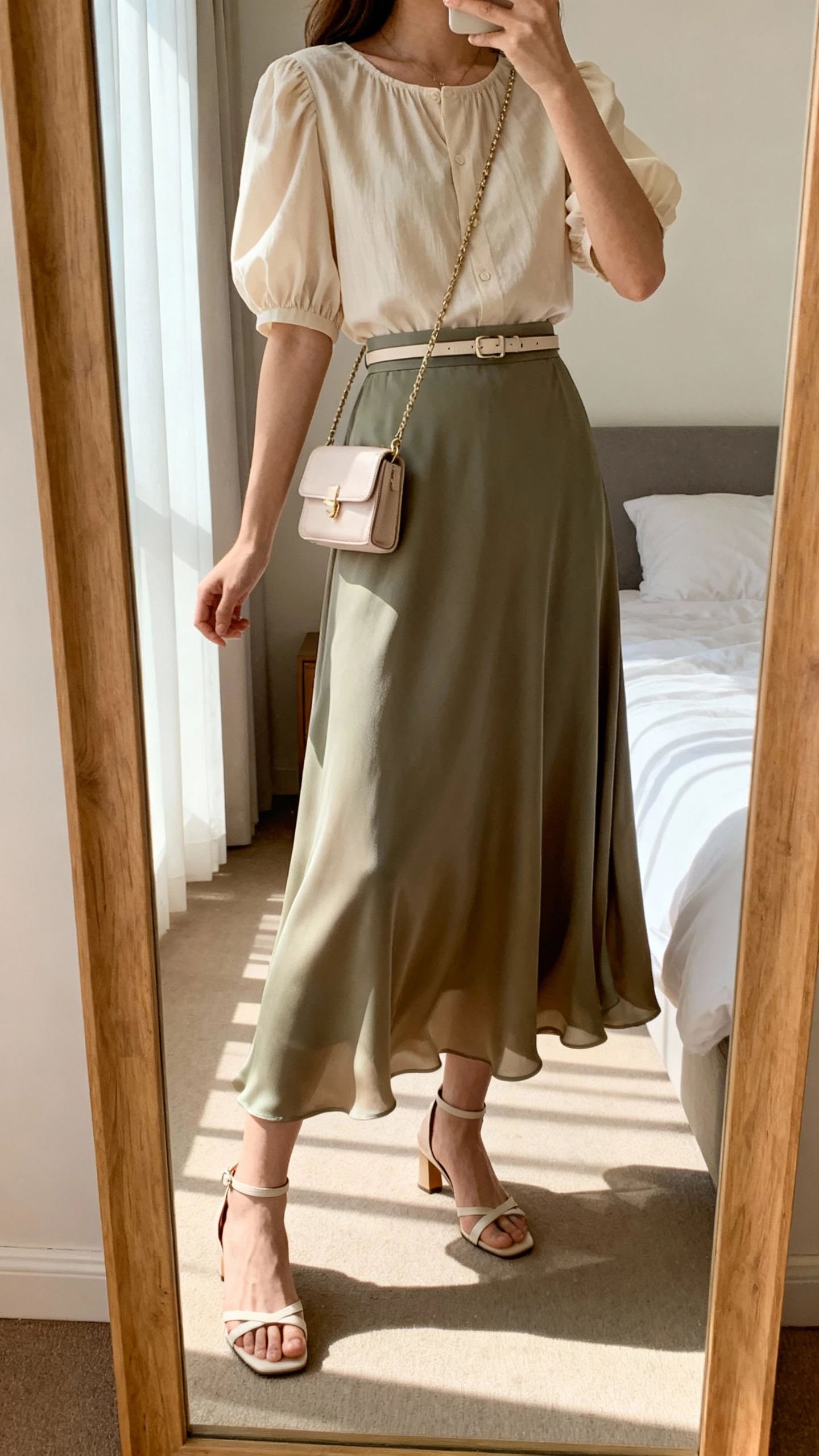 iPhone mirror selfie of a woman wearing a romantic maxi skirt with fluid drape, tucked-in blouse with gentle puff sleeves, thin waist belt, ankle-strap low heels, dainty crossbody, face not visible, cropped at shoulders, bedroom mirror, soft afternoon window light, iPhone photo quality