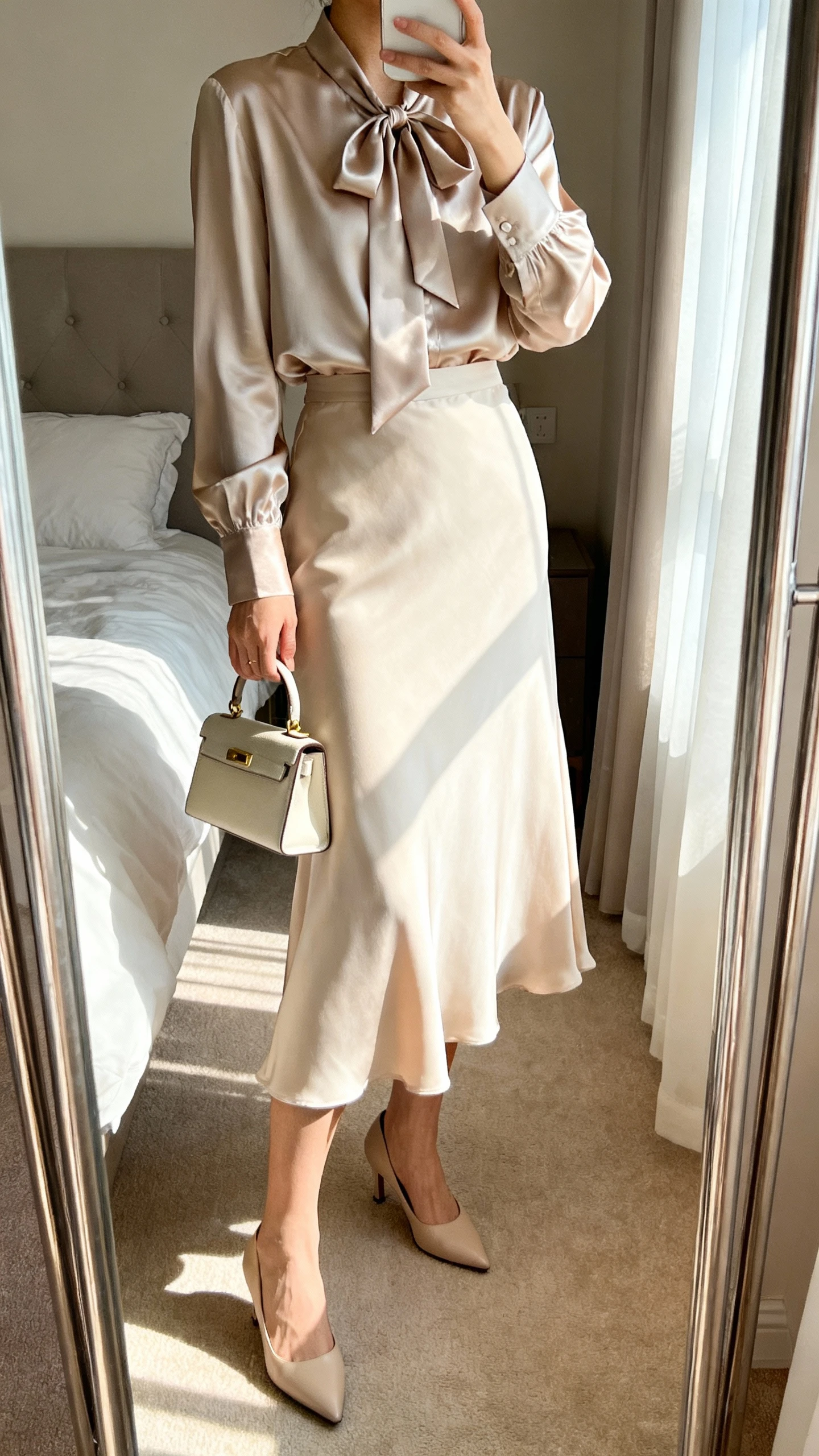 iPhone mirror selfie of a woman wearing a satin bow-tie blouse tucked into a flowing midi skirt with classic low heels and a small top-handle bag, face not visible, cropped at neck, bedroom mirror, soft morning window light, iPhone photo quality.