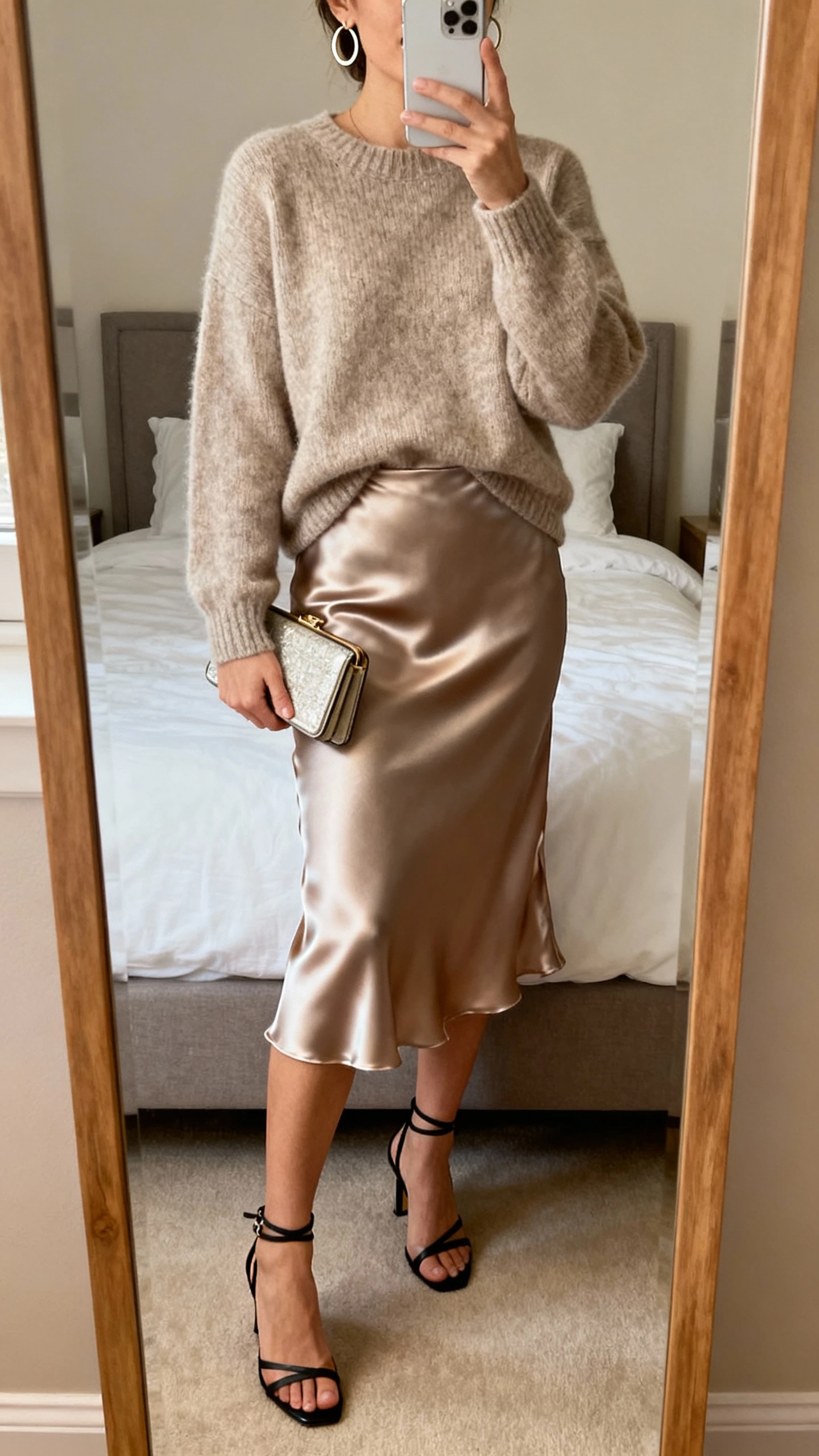 iPhone mirror selfie of a woman wearing a satin slip skirt with a cozy sweater slightly front-tucked, subtle hoop earrings, ankle-strap heels, and a compact clutch, face not visible, cropped at shoulders, bedroom mirror, warm indoor lighting, iPhone photo quality.