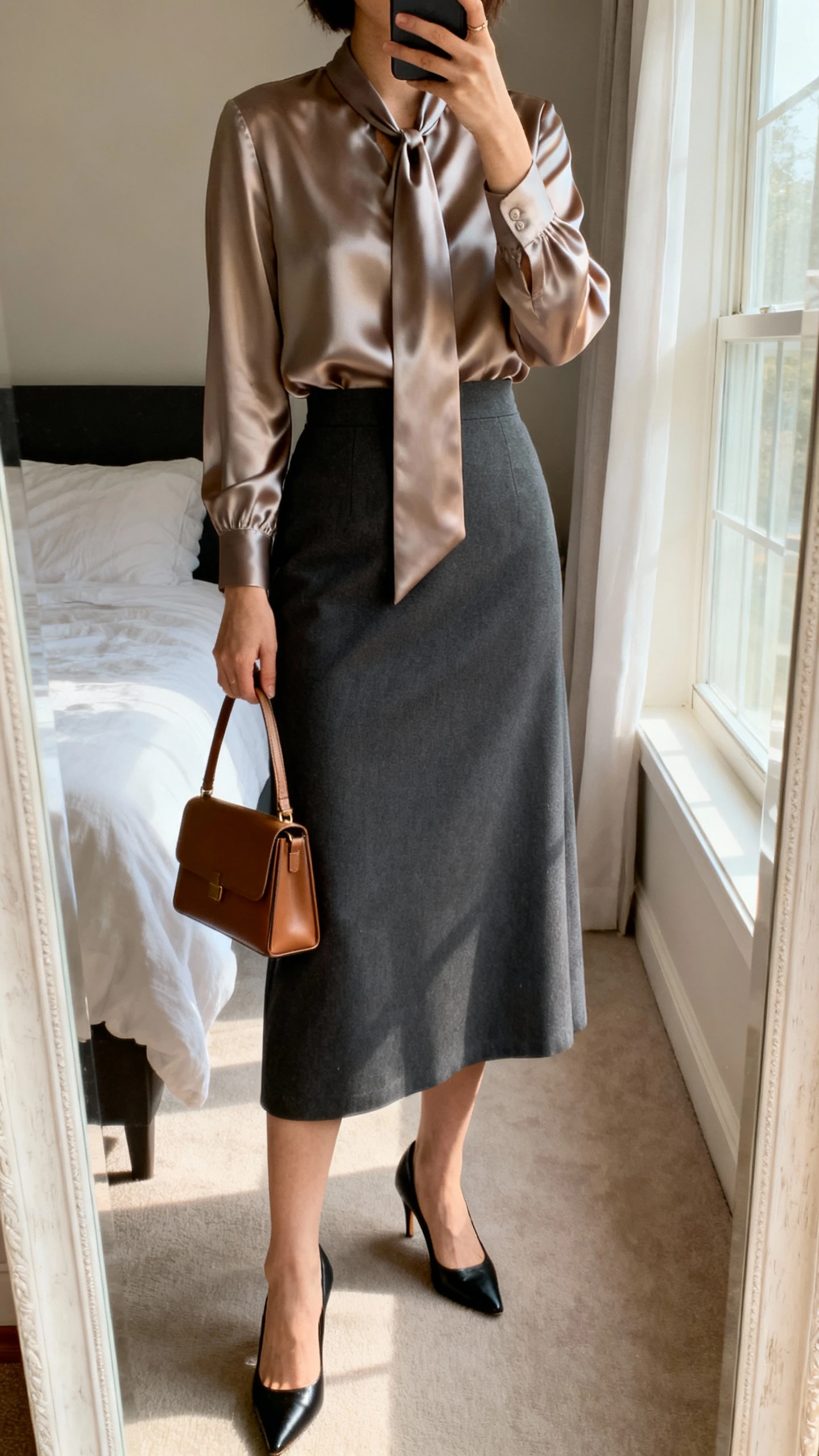 iPhone mirror selfie of a woman wearing a satin tie-neck blouse tucked into a midi skirt with classic pumps and a slim leather tote, face not visible, cropped at neck, bedroom mirror, soft morning window light, iPhone photo quality.