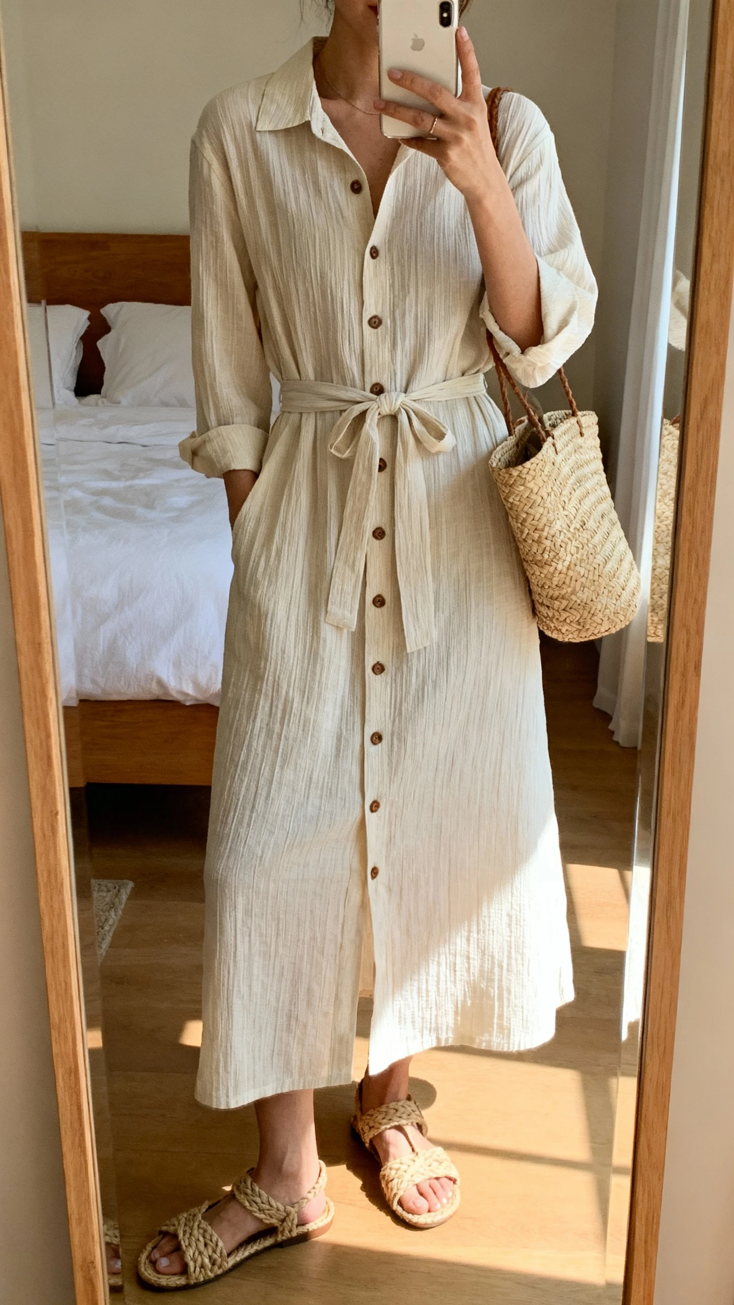 iPhone mirror selfie of a woman wearing a seersucker shirt dress with a button front, tie waist, and calf-length hem, styled with woven sandals and a straw tote; face not visible, cropped at neck, bedroom mirror, late afternoon window light, casual iPhone photo.