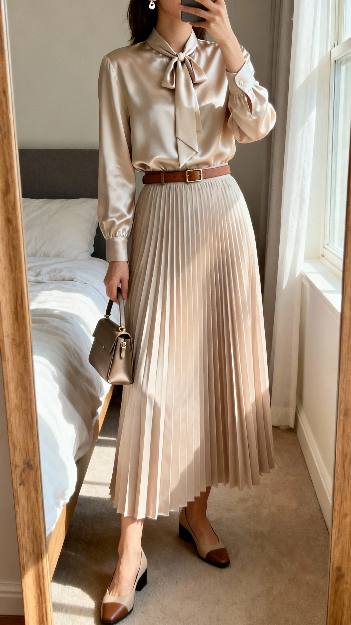 iPhone mirror selfie of a woman wearing a silk-soft tie-neck blouse tucked into a swishy pleated full-length skirt, paired with low block heels, a slim leather belt, delicate stud earrings, and a small structured handbag, face not visible, cropped at neck, bedroom mirror with natural morning window light, iPhone photo quality.