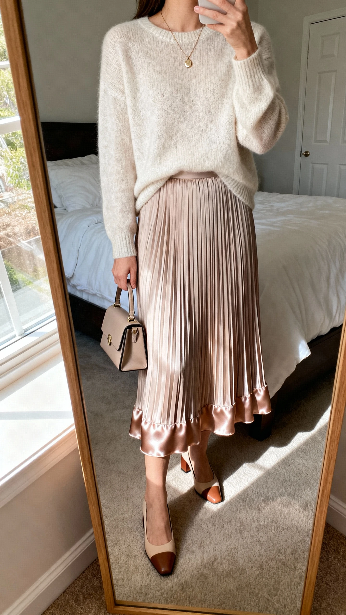 iPhone mirror selfie of a woman wearing a silk-trim pleated midi skirt with a soft knit sweater, delicate pendant necklace, low block-heel pumps, and a small structured handbag, face not visible, cropped at neck, bedroom mirror, natural window light, iPhone photo quality.