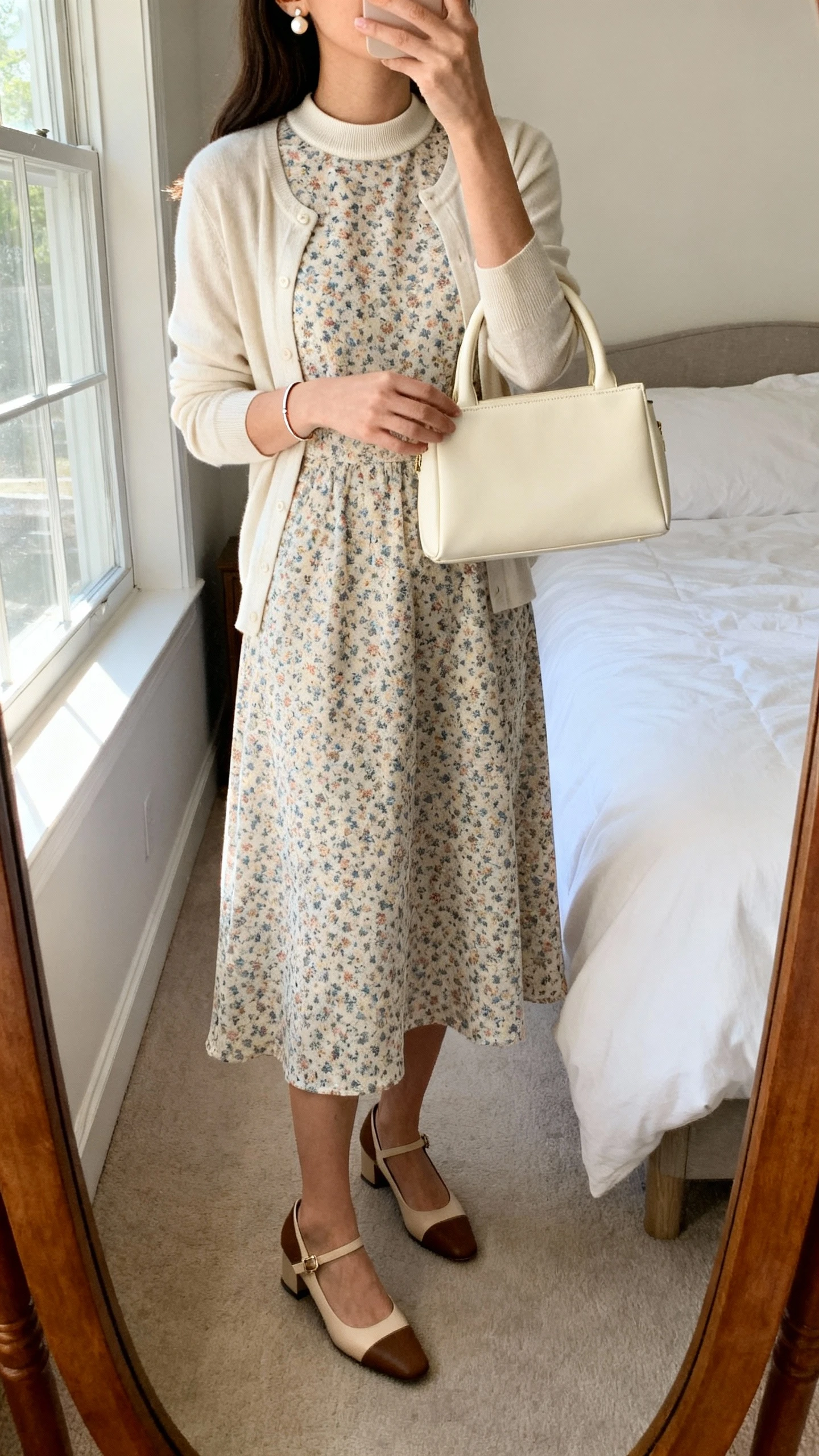 iPhone mirror selfie of a woman wearing a small floral A-line midi dress with a high softly rounded neckline, a lightweight cardigan, low-heeled slingback pumps, delicate pearl studs, a thin bracelet, and a structured cream top-handle bag; face not visible, cropped at neck, bedroom mirror, natural window light, iPhone photo quality.
