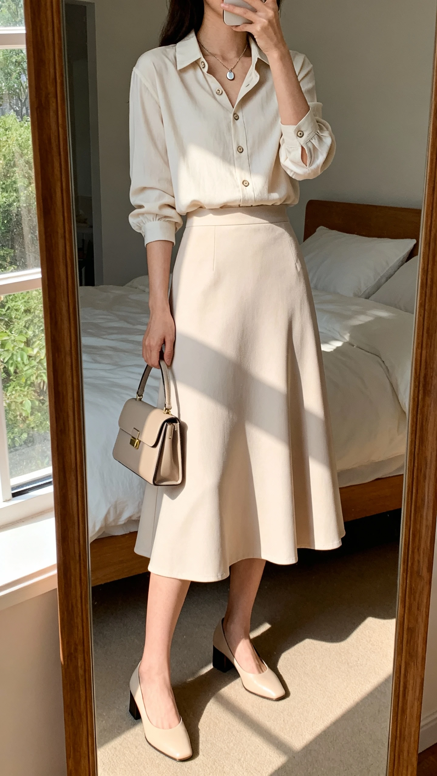 iPhone mirror selfie of a woman wearing a soft A-line midi skirt, a buttoned blouse with sleeves, low block-heel pumps, a simple pendant necklace, and a small structured handbag, face not visible, cropped at neck, bedroom mirror, natural window light, iPhone photo quality.