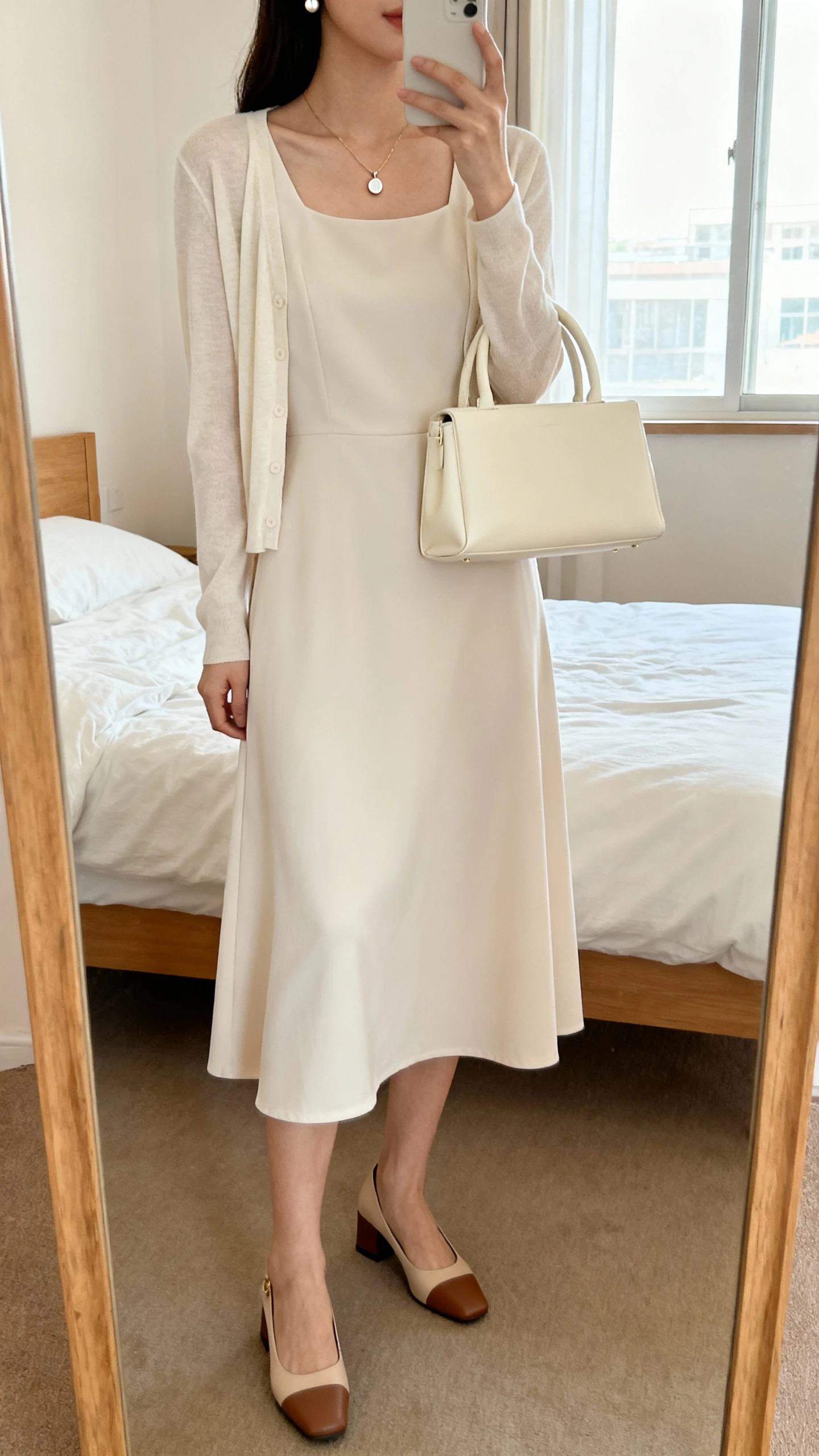 iPhone mirror selfie of a woman wearing a soft A-line midi dress with a modest boatneck, lightweight cardigan, low block-heel pumps, structured top-handle bag in cream, delicate pendant necklace, and simple stud earrings, face not visible, cropped at neck, bedroom mirror, natural window light, iPhone photo quality.