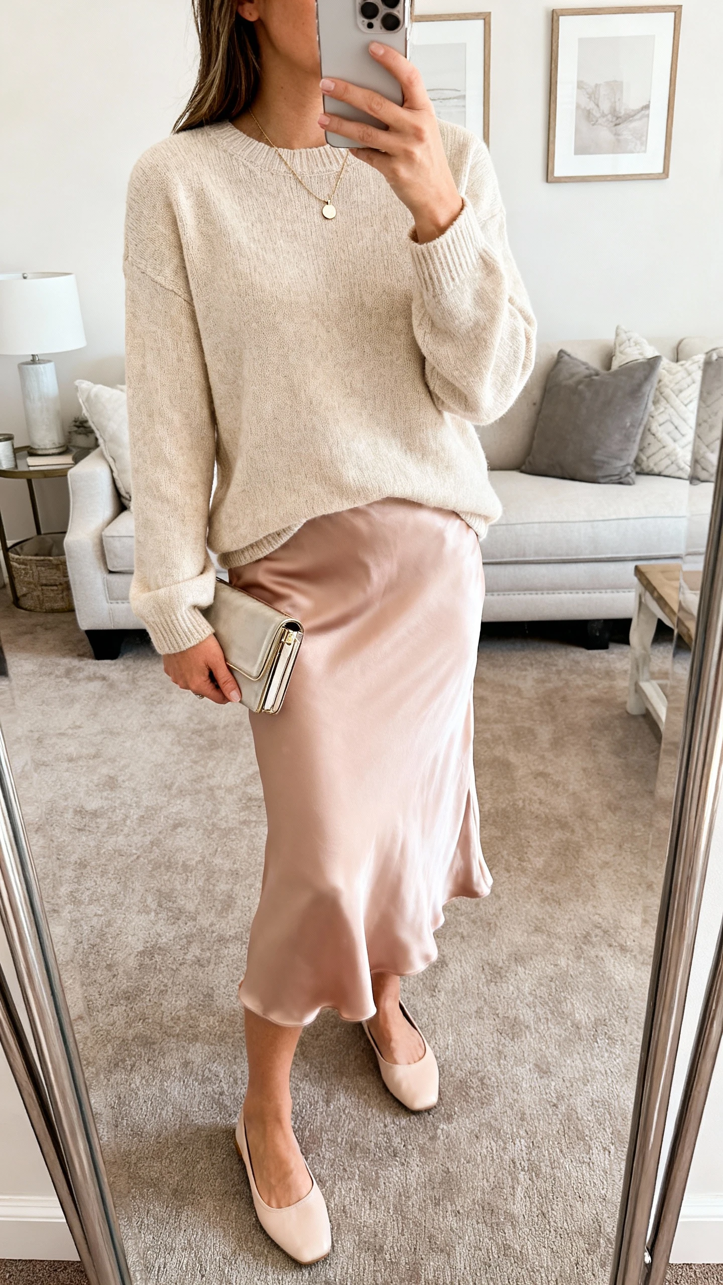 iPhone mirror selfie of a woman wearing a soft beige knit crewneck with a satin slip skirt in blush, delicate flats, fine pendant necklace, and a compact clutch, face not visible, side angle, living room full-length mirror, gentle indoor lighting, iPhone photo quality.
