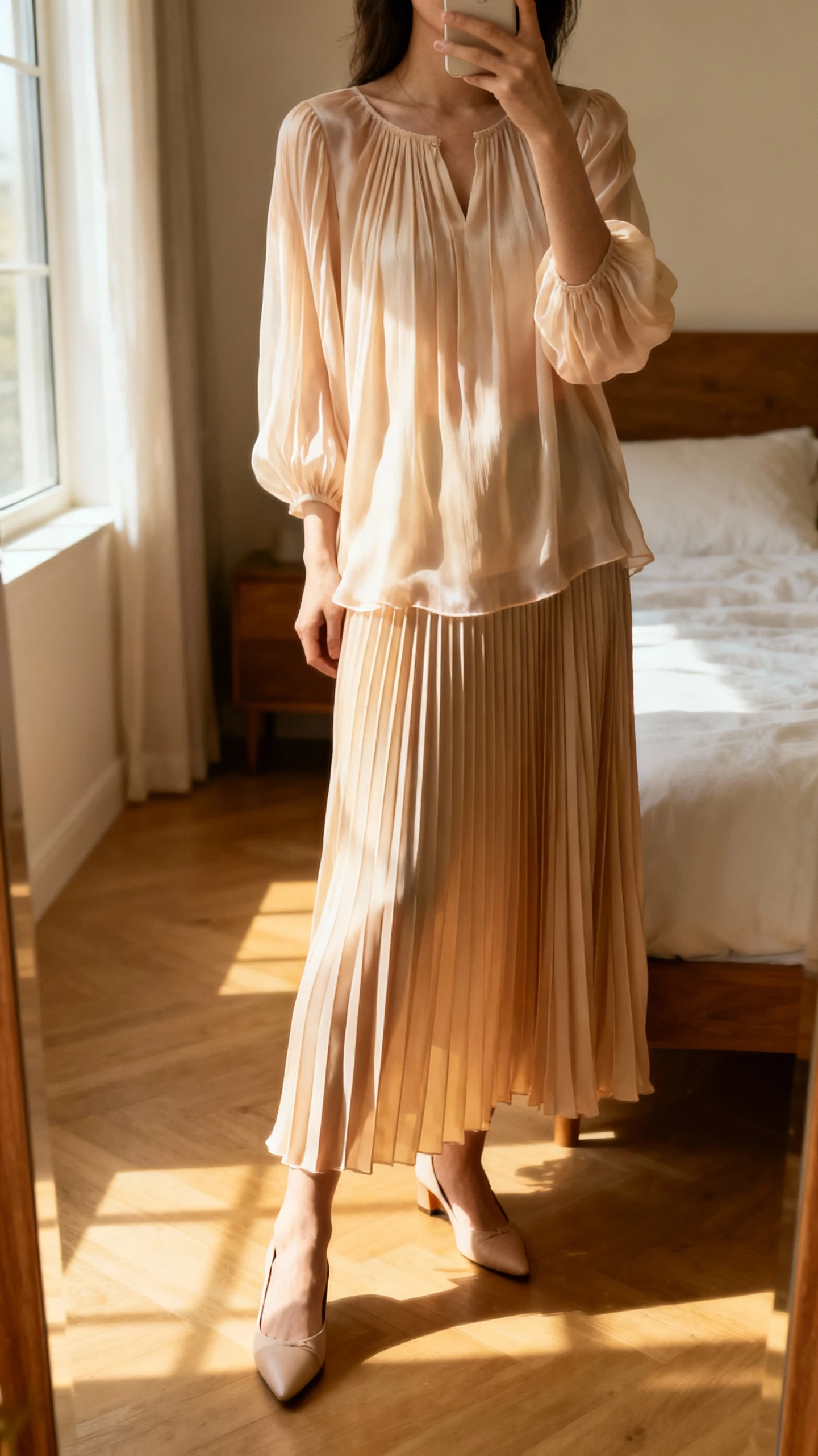 iPhone mirror selfie of a woman wearing a soft chiffon loose-fit Christian blouse with gentle pleats, paired with a flowing pleated long skirt and delicate low heels, face not visible, cropped at neck, bedroom mirror, natural morning window light, iPhone photo quality.