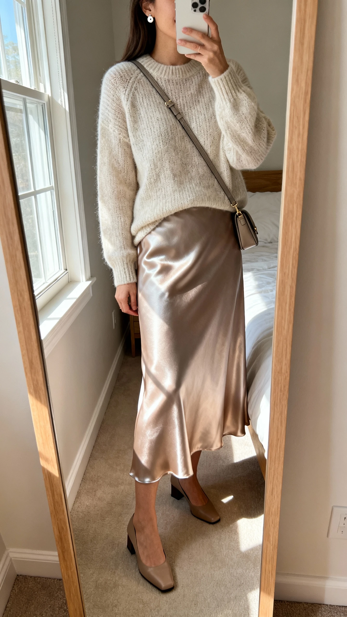 iPhone mirror selfie of a woman wearing a soft knit sweater paired with a satin maxi skirt that subtly shines, simple stud earrings, low block-heel pumps, and a small crossbody bag, face not visible, cropped at neck, bedroom mirror, natural window light, iPhone photo quality.