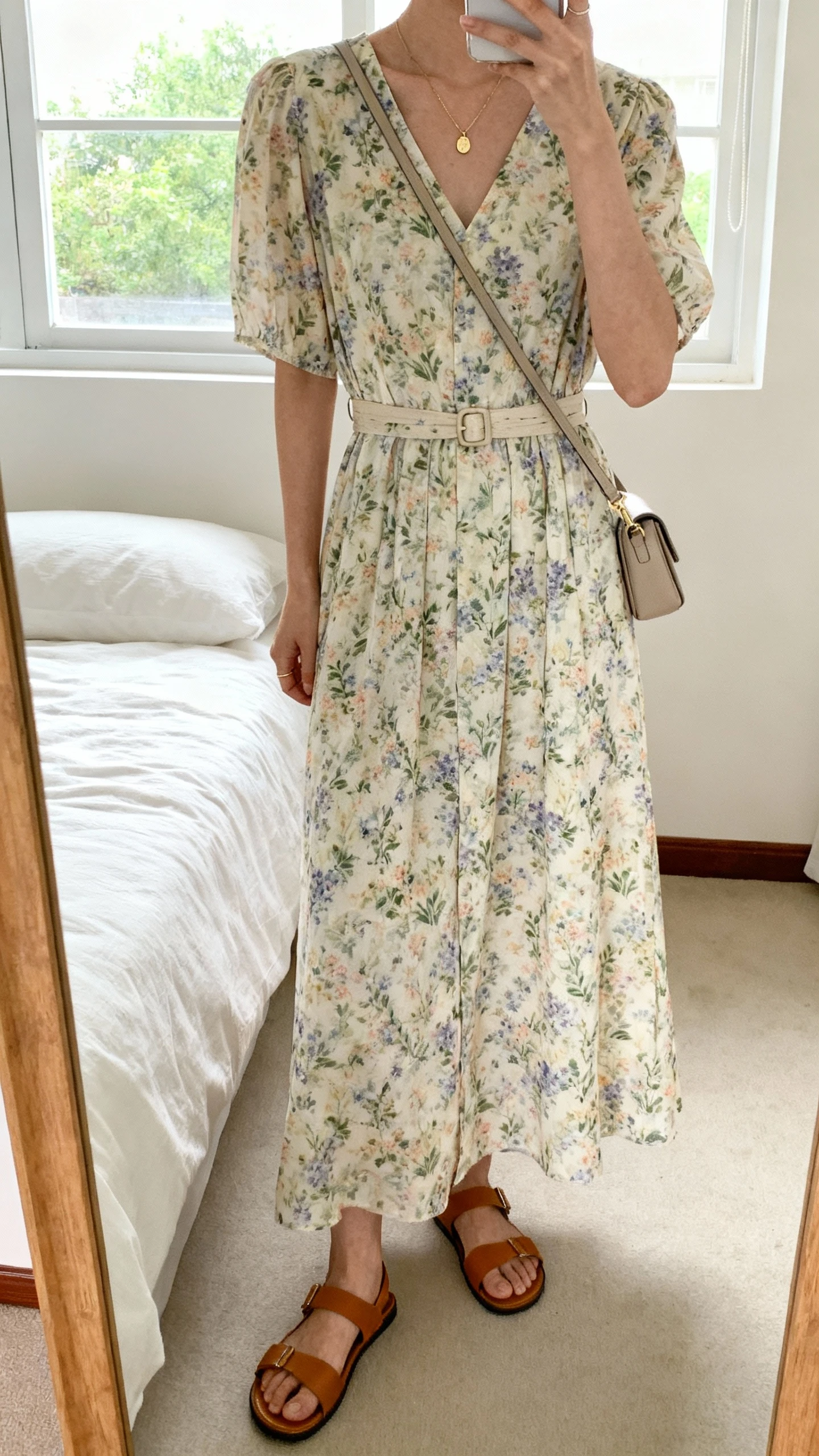 iPhone mirror selfie of a woman wearing a soft meadow floral maxi dress with a modest neckline, belted waist that flatters without flash, simple leather sandals, delicate pendant necklace, and a small crossbody bag, face not visible, cropped at neck, bedroom mirror, natural window light, iPhone photo quality.