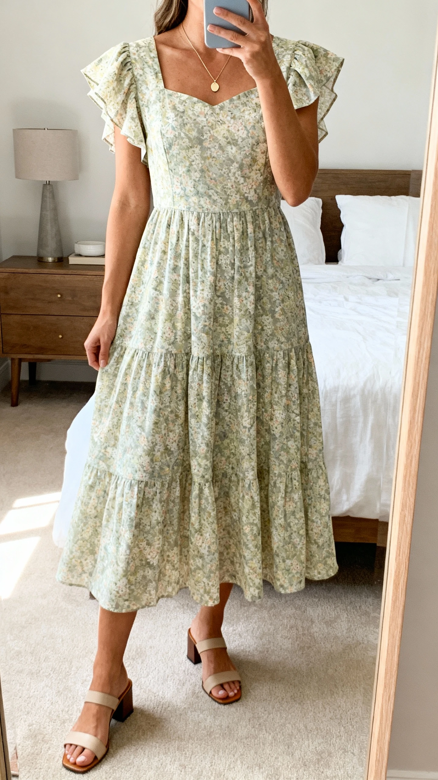 iPhone mirror selfie of a woman wearing a soft meadow-toned floral midi dress with a modest neckline, flutter sleeves, and a flowing A-line skirt, paired with low block-heel sandals and a delicate pendant, face not visible, cropped at neck, bedroom mirror with natural morning light, iPhone photo quality