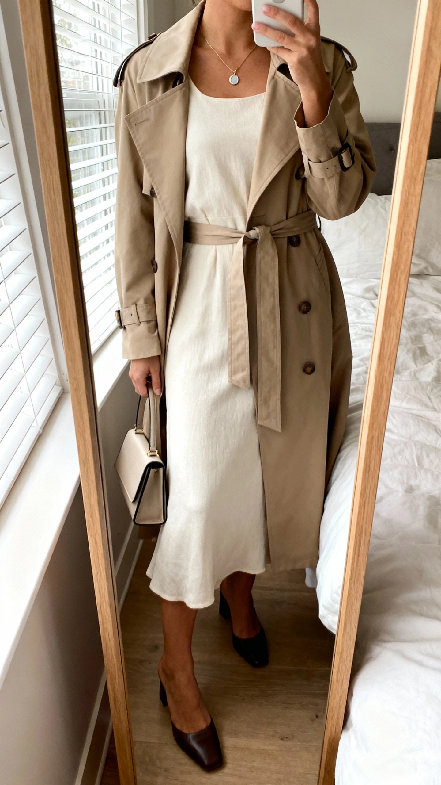 iPhone mirror selfie of a woman wearing a soft midi dress with a belted trench coat, low block heels, delicate pendant necklace, and a small structured handbag, face not visible, cropped at neck, bedroom mirror, natural window light, iPhone photo quality.