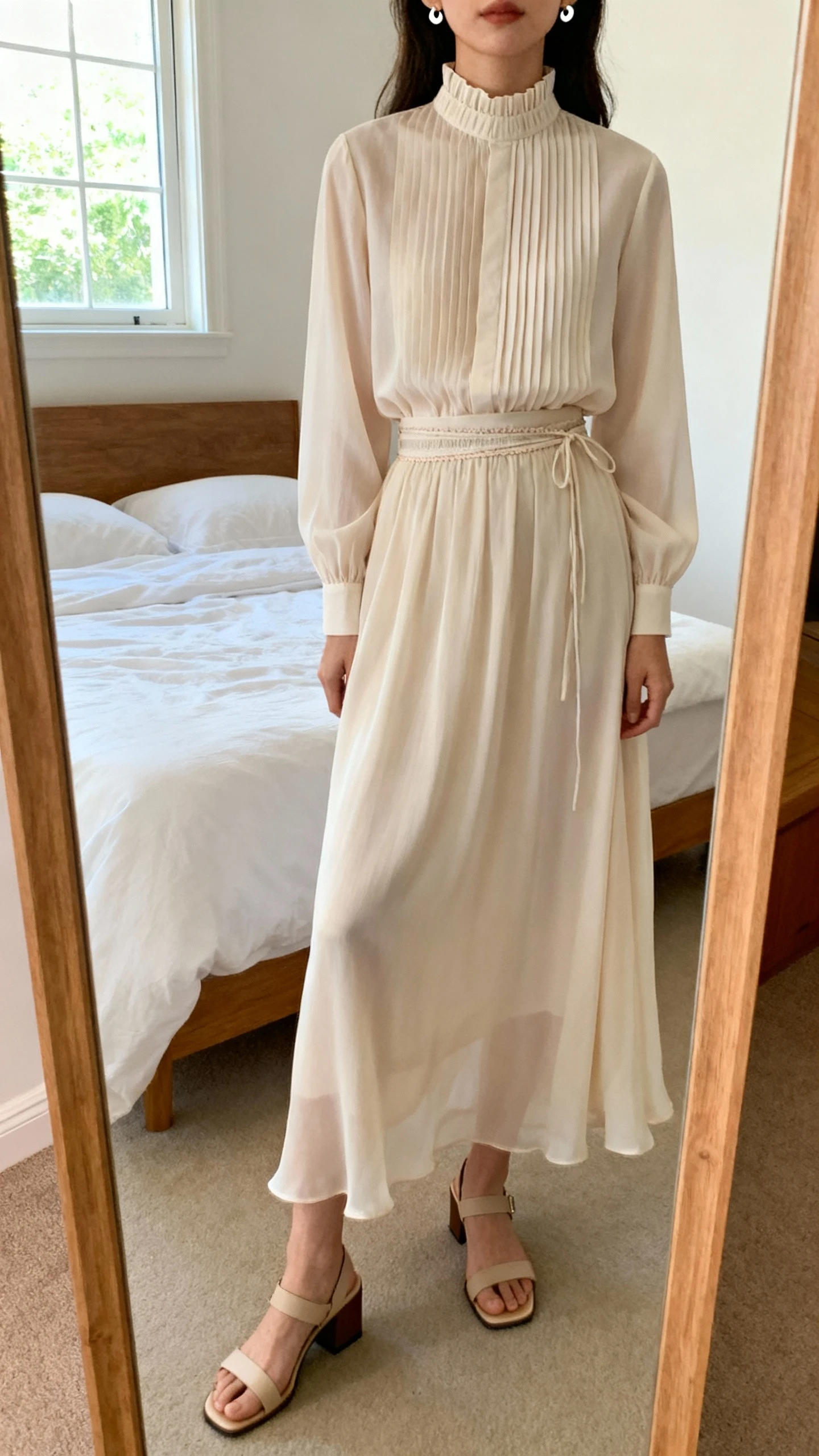 iPhone mirror selfie of a woman wearing a soft-pleated high-neck blouse tucked into a flowing maxi skirt with delicate waist definition, simple stud earrings and low block-heel sandals, face not visible, cropped at neck, bedroom mirror, morning window light, iPhone photo quality.