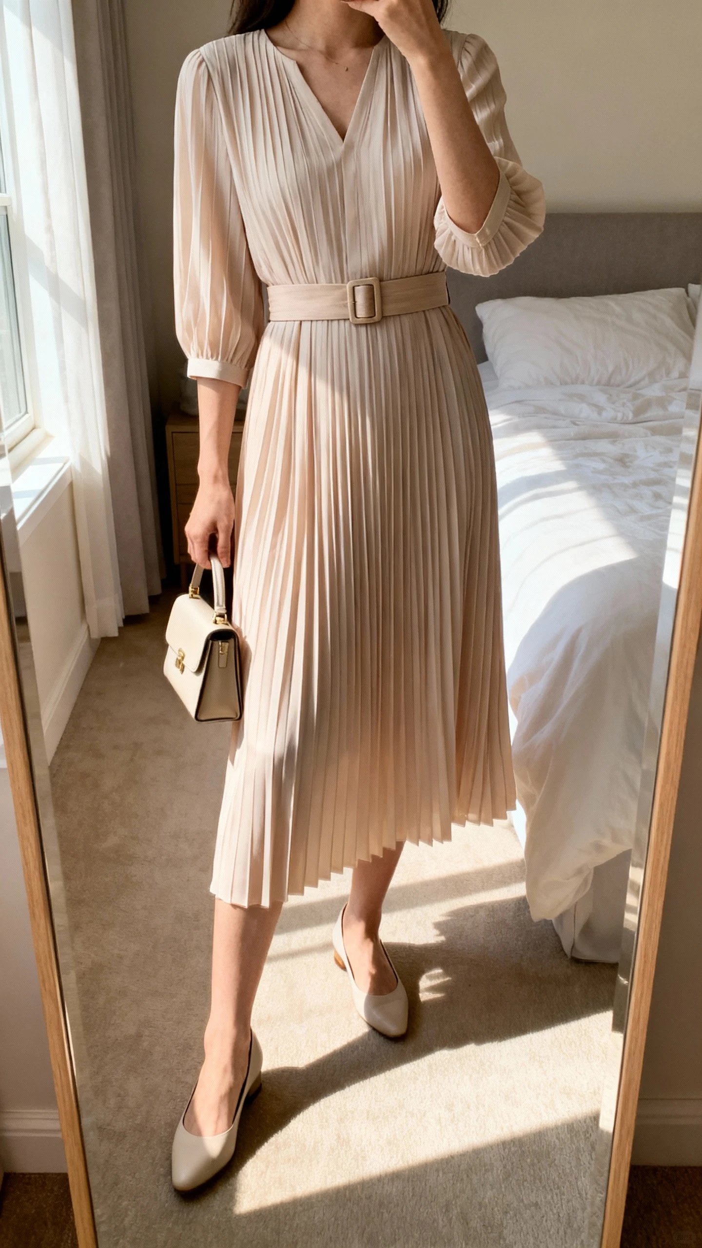 iPhone mirror selfie of a woman wearing a soft pleated midi dress with a matching belt at the waist, modest neckline and sleeves, paired with simple pumps and a small structured handbag, face not visible, cropped at neck, bedroom mirror with morning window light, iPhone photo quality.