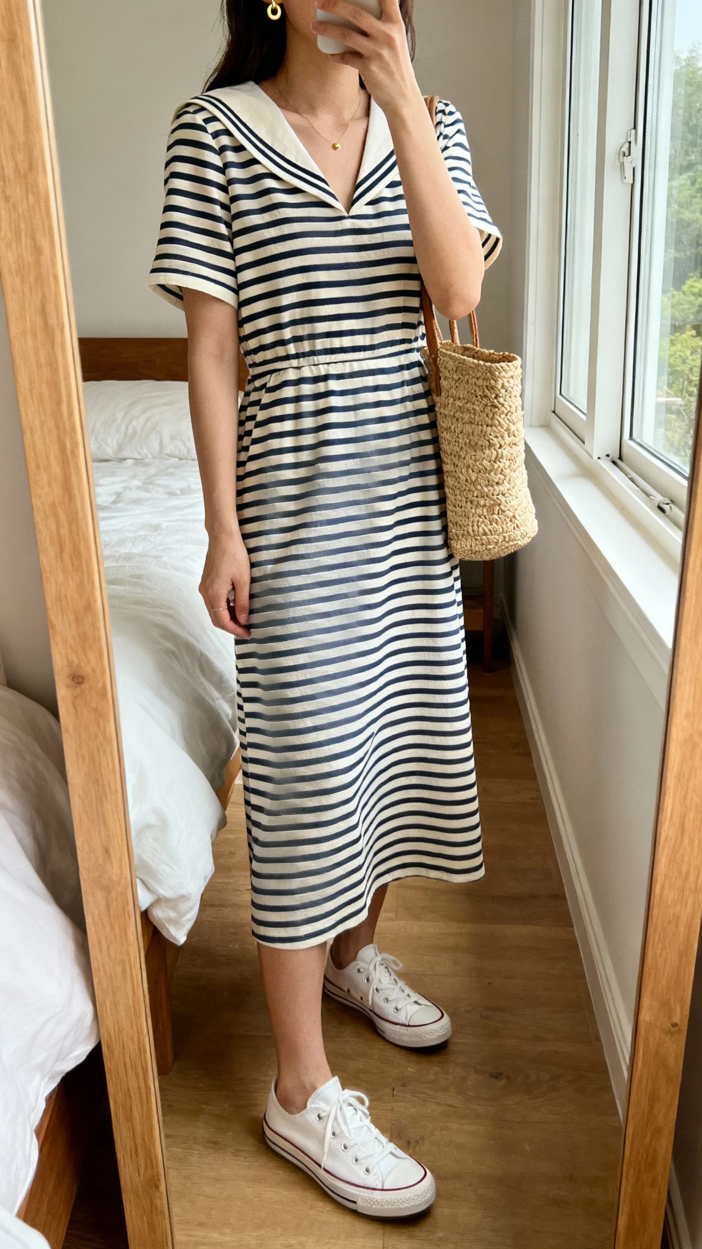 iPhone mirror selfie of a woman wearing a soft sailor-inspired striped midi dress (navy-and-cream subtle stripes, modest midi length, short sleeves), paired with white canvas sneakers, straw tote, and delicate gold stud earrings; face not visible, cropped at neck, bedroom mirror, natural window light, iPhone photo quality.