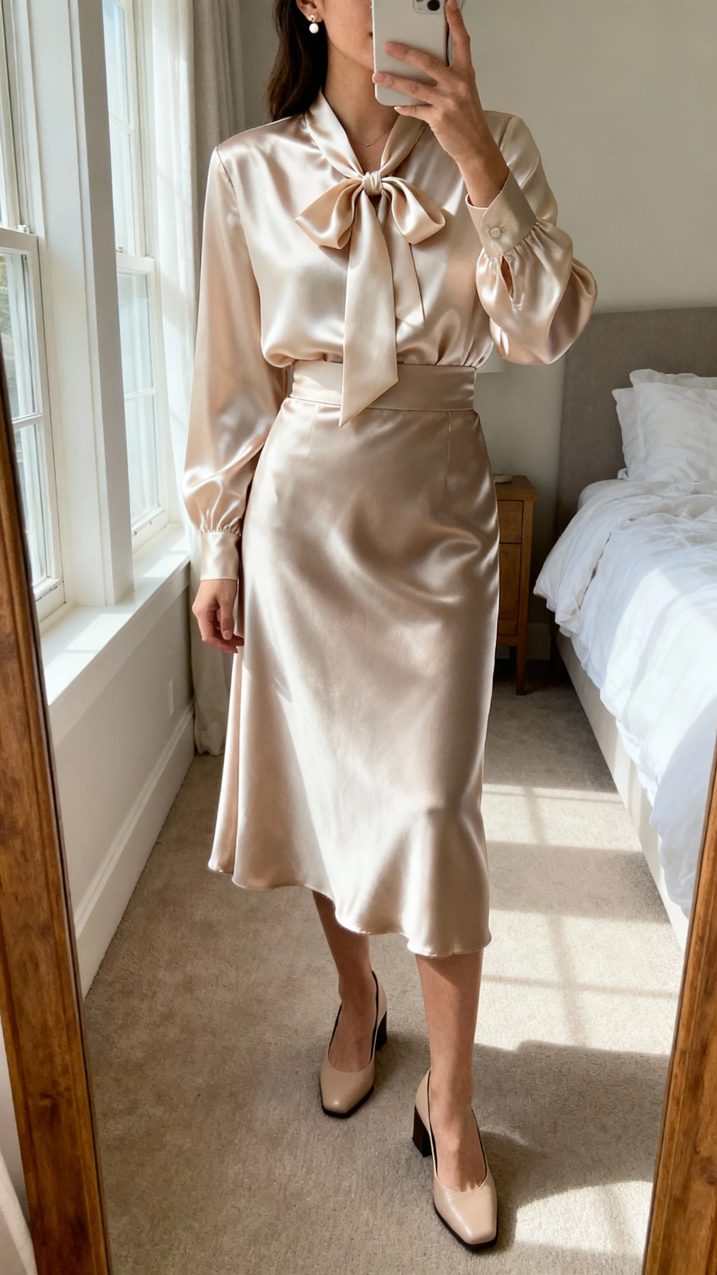 iPhone mirror selfie of a woman wearing a soft satin bow-blouse tucked into an elegant midi skirt, delicate stud earrings and low block heels, face not visible, cropped at neck, bedroom mirror with natural morning window light, iPhone photo quality.