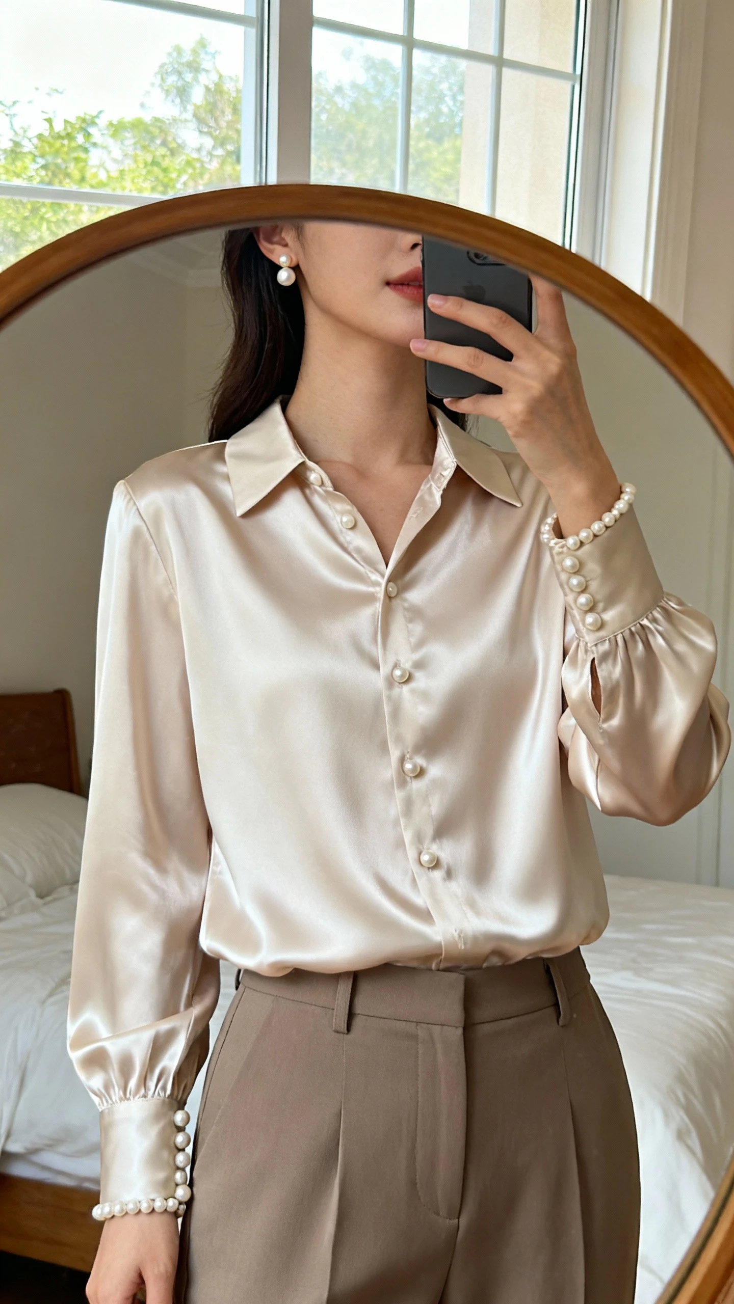 iPhone mirror selfie of a woman wearing a soft satin long-sleeve blouse with subtle pearl buttons and pearl-accented cuffs, paired with tailored trousers and delicate pearl stud earrings, face not visible, cropped at neck, bedroom mirror, morning window light, iPhone photo quality.