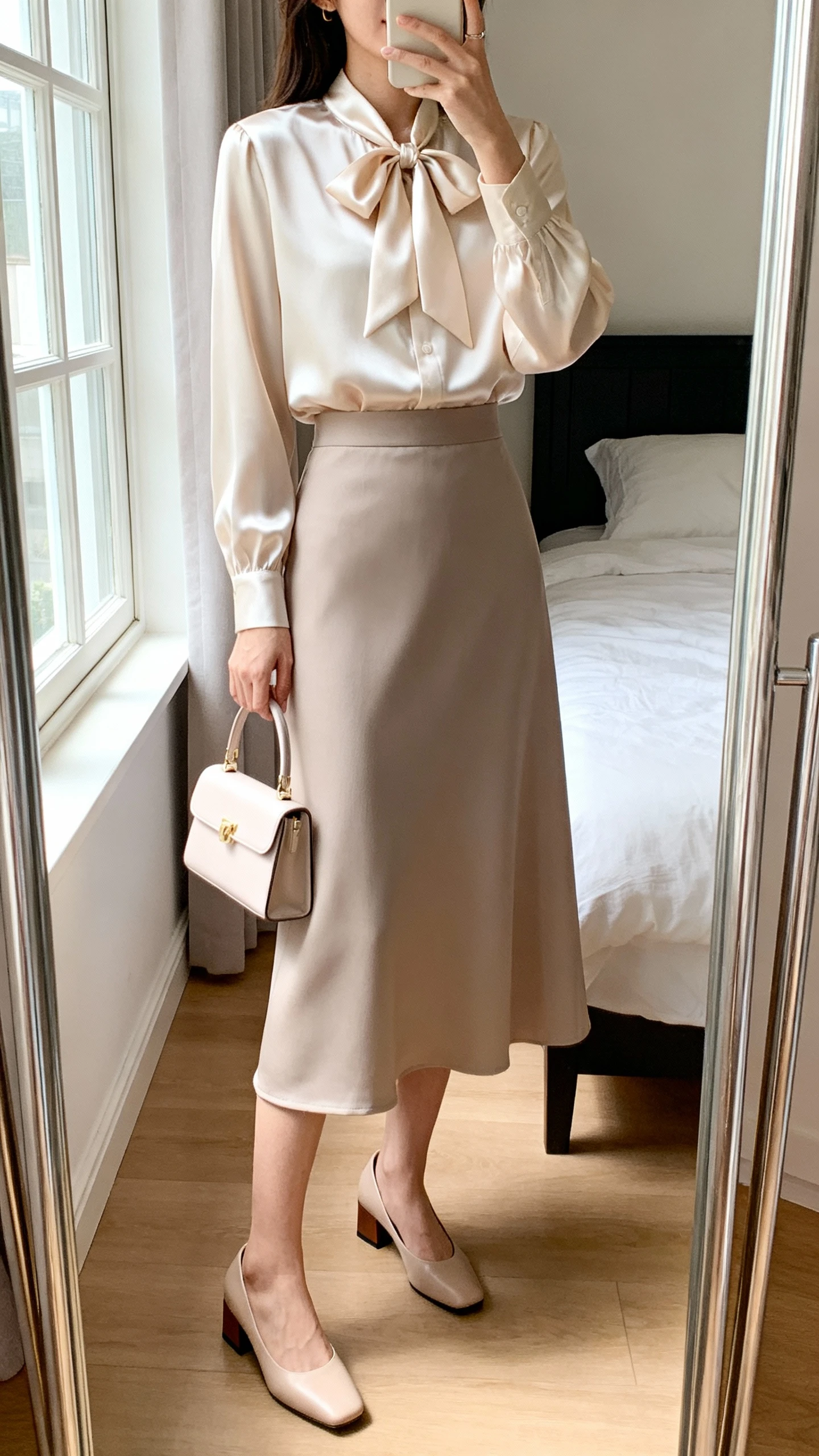 iPhone mirror selfie of a woman wearing a soft silk bow-tie blouse tucked into a classic midi skirt with low block-heel pumps and a delicate top-handle bag, face not visible, cropped at neck, bedroom mirror with natural window light, iPhone photo quality.