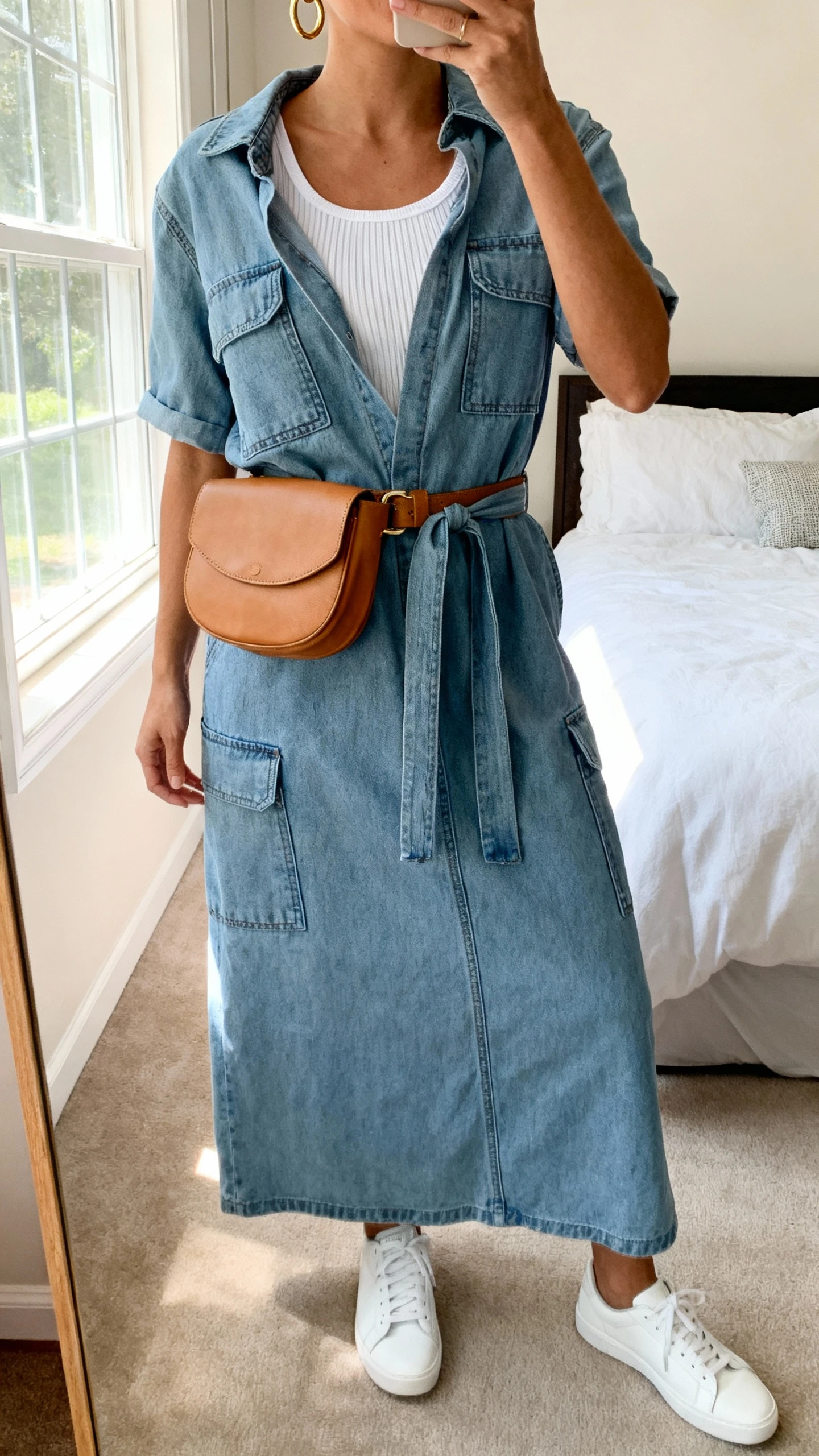 iPhone mirror selfie of a woman wearing a soft utility denim maxi dress with patch pockets and a tie belt, white ribbed tank layered underneath, tan leather belt bag, white sneakers, and simple gold hoops, face not visible, cropped at neck, bedroom mirror, morning window light, iPhone photo quality.