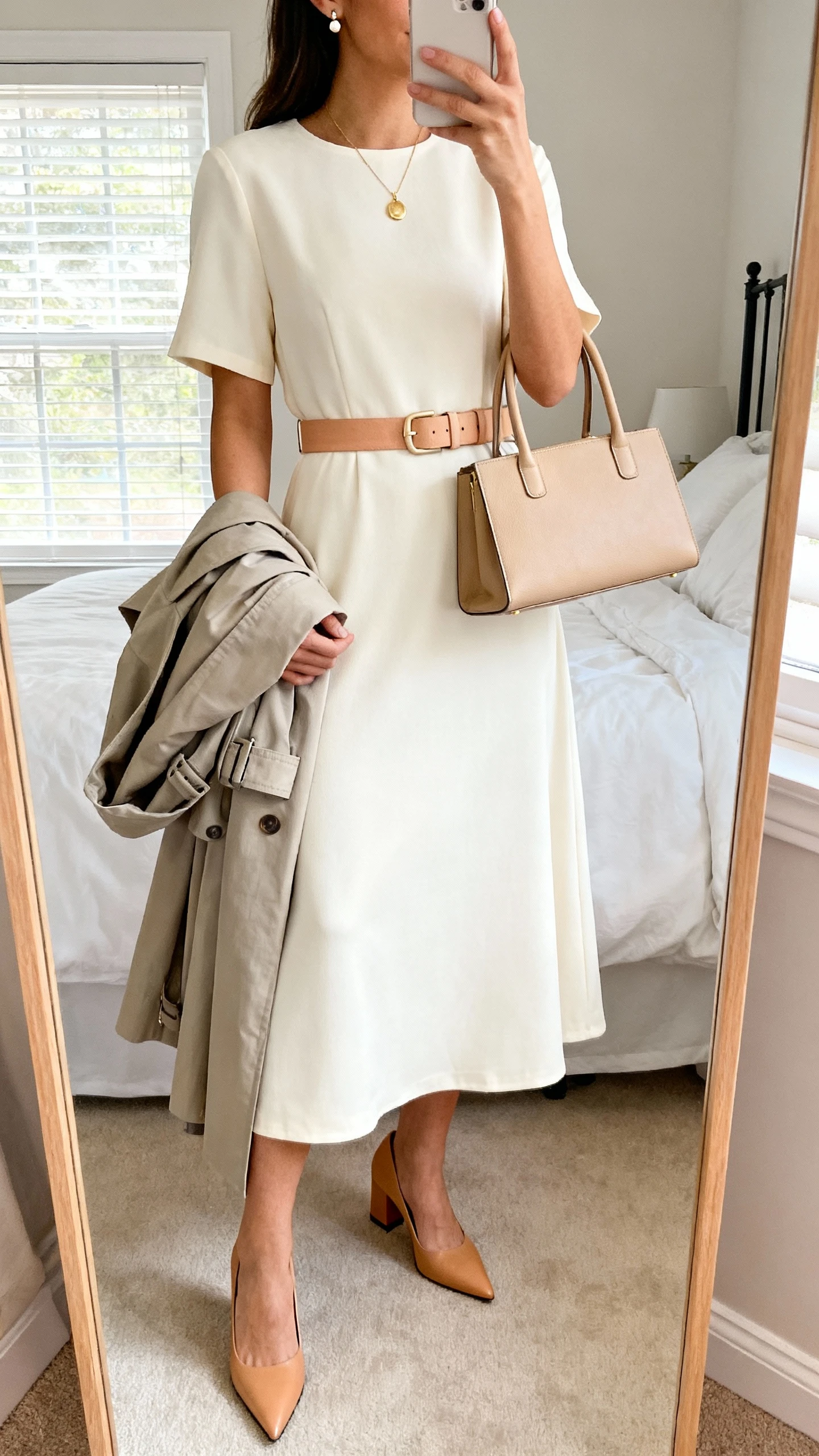 iPhone mirror selfie of a woman wearing a solid cream A-line midi dress with short sleeves, a light camel belt, pointed-toe tan block-heel pumps, a structured beige top-handle bag, a delicate gold pendant necklace with stud earrings, and a lightweight stone trench-style coat draped over arm; face not visible, cropped at neck, bedroom mirror, natural window light, iPhone photo quality.