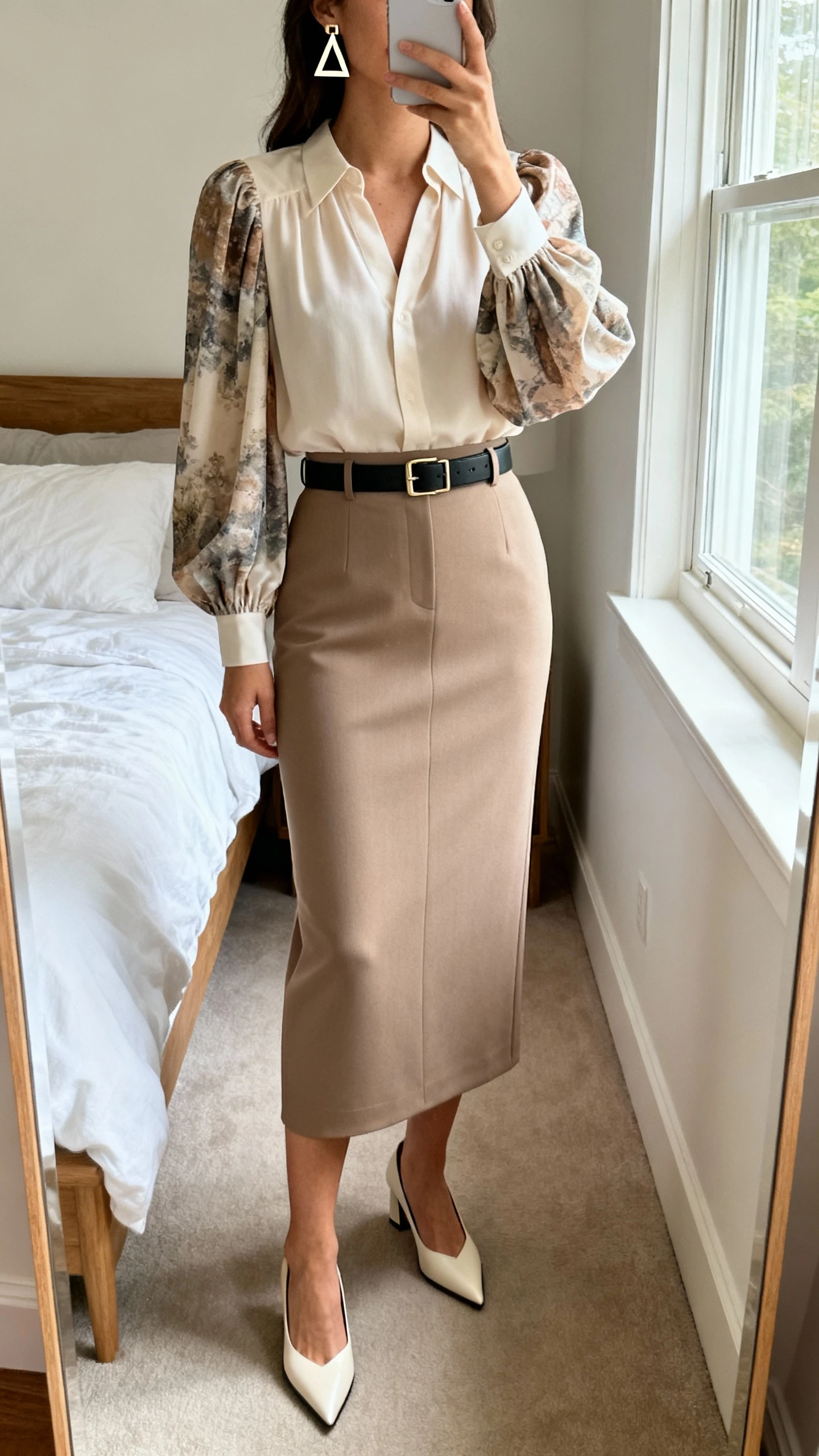 iPhone mirror selfie of a woman wearing a statement sleeve blouse with a tailored column skirt, pointed-toe heels, a sleek belt, and geometric earrings, face not visible, cropped at shoulders, bedroom mirror, natural window light, iPhone photo quality.