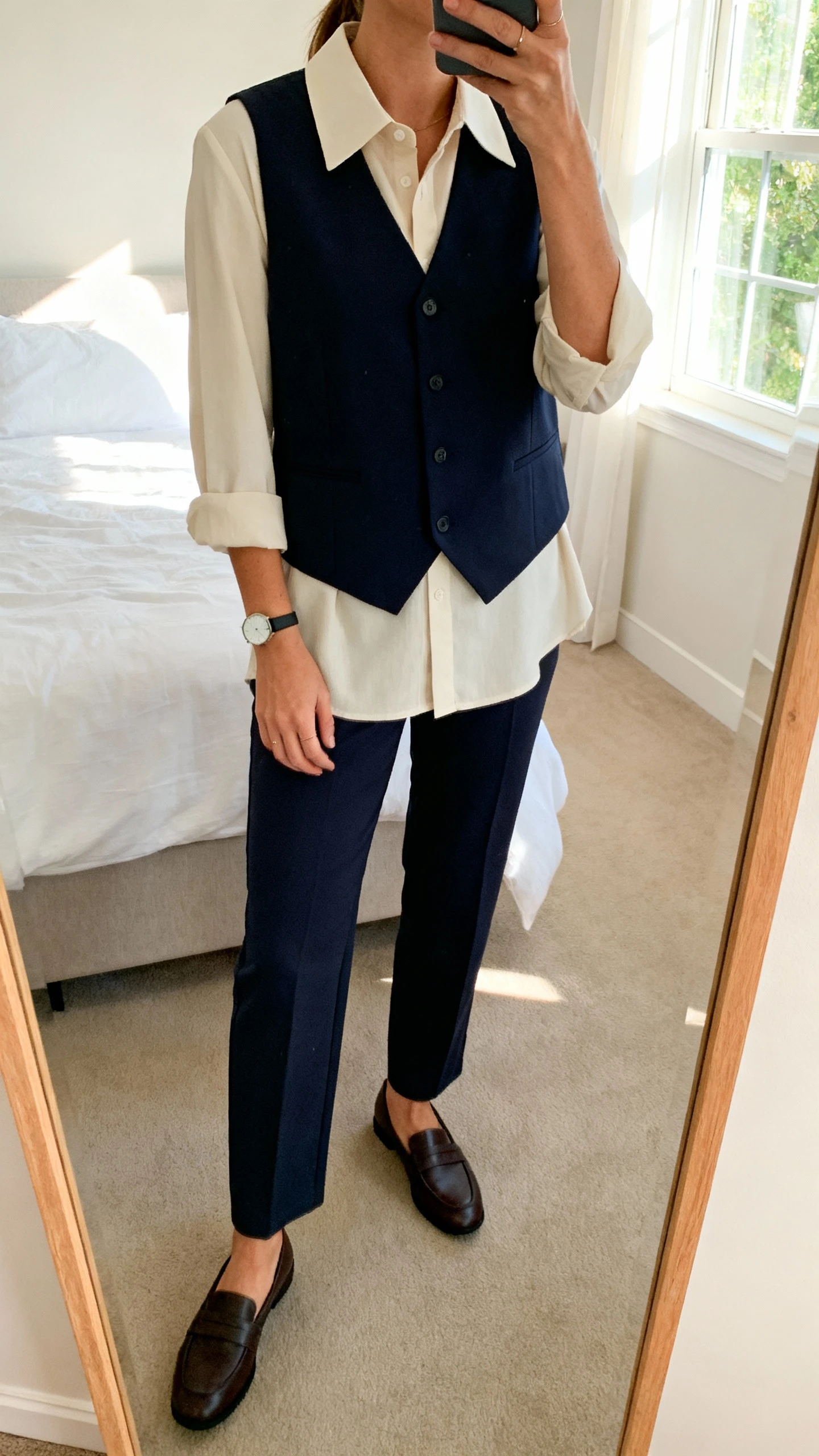 iPhone mirror selfie of a woman wearing a structured collared blouse layered with a matching vest, straight-leg trousers, loafers, and a minimal watch, face not visible, cropped at shoulders, bedroom mirror with natural window light, iPhone photo quality.