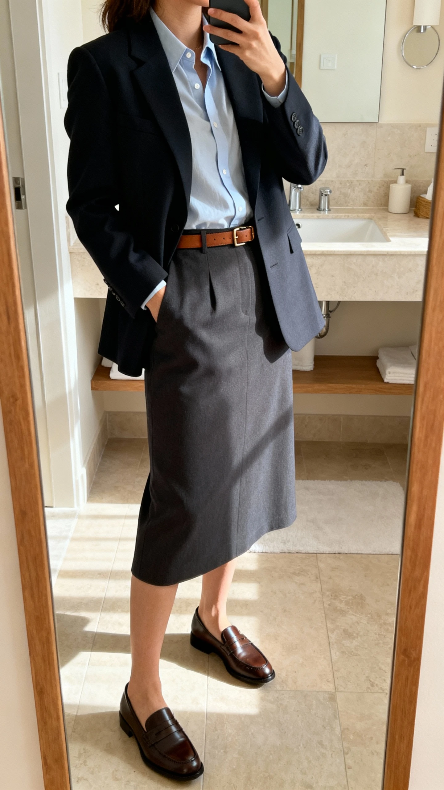 iPhone mirror selfie of a woman wearing a tailored blazer over a midi skirt with a tucked-in blouse, classic loafers, and a slim leather belt; face not visible, side angle, bathroom full-length mirror, indoor morning light, iPhone photo quality.