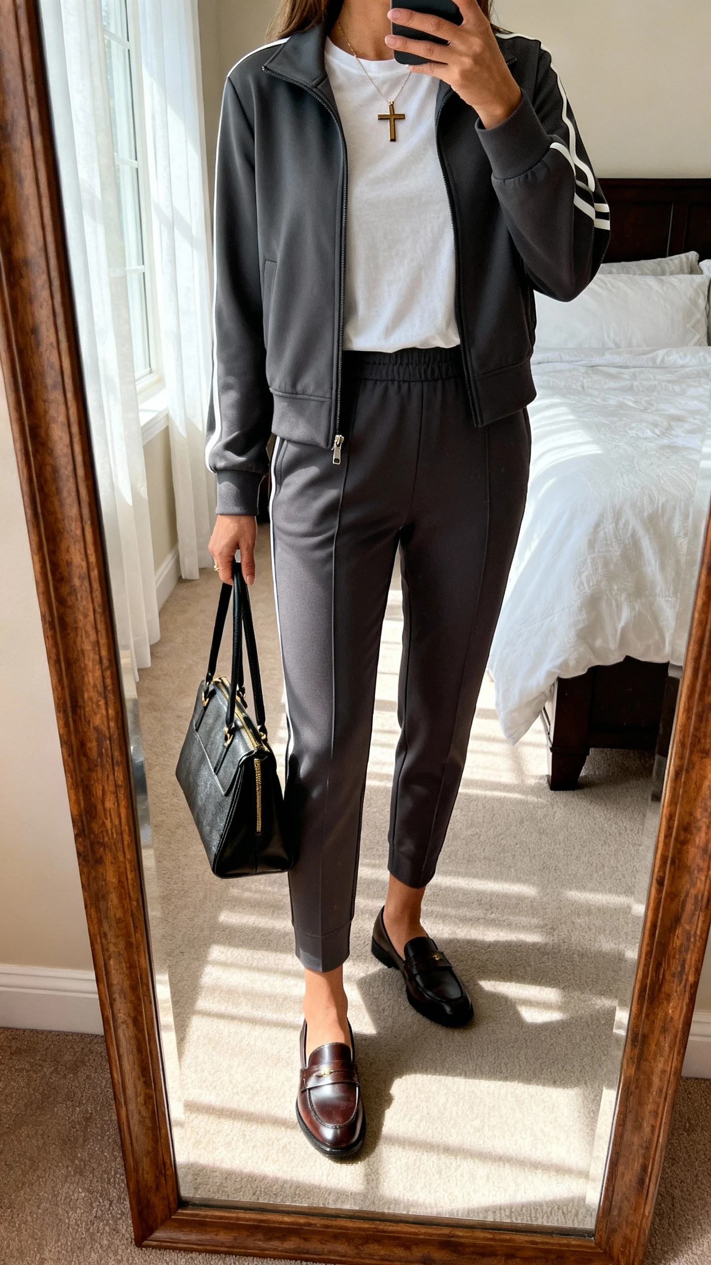 iPhone mirror selfie of a woman wearing a tailored track suit (matching jacket and tapered pants) with a polished tee, loafers, structured handbag, subtle cross pendant, face not visible, cropped at shoulders, bedroom mirror, soft afternoon window light, iPhone photo quality.