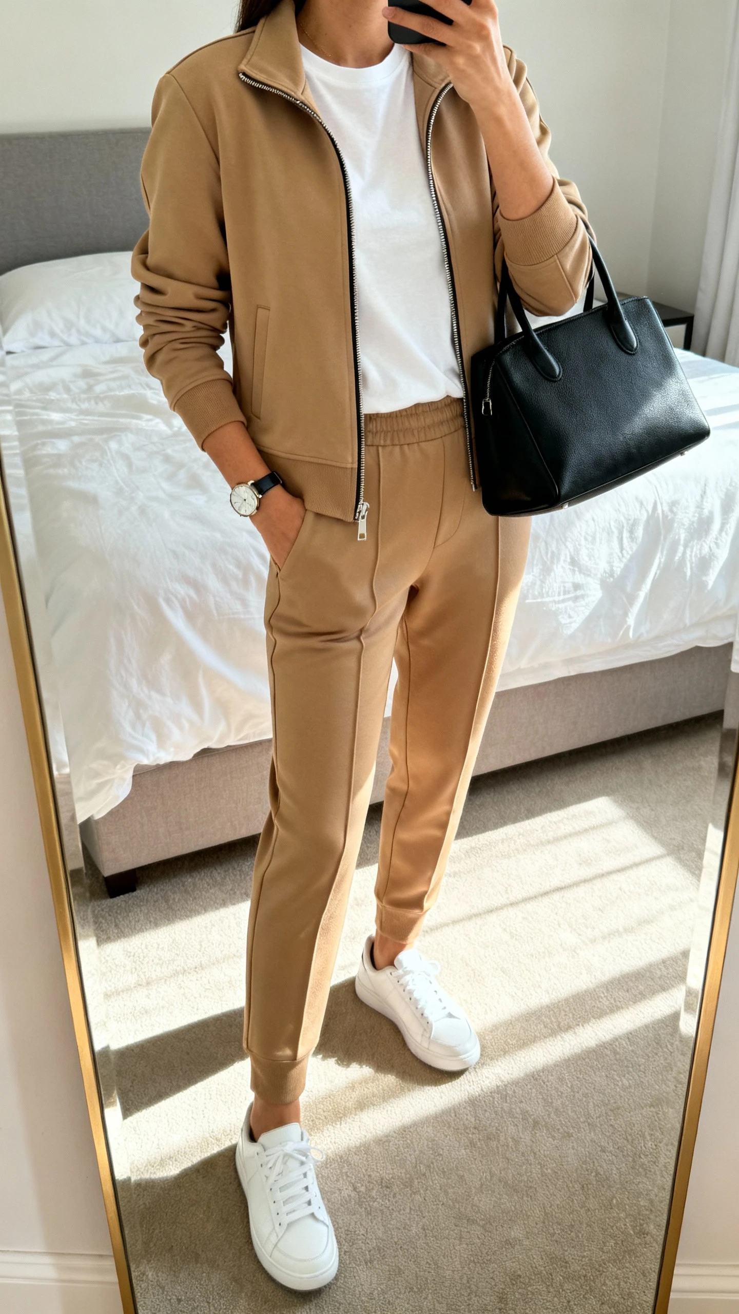 iPhone mirror selfie of a woman wearing a tailored tracksuit: camel zip-up track jacket and matching tapered track pants, crisp white tee, sleek white trainers, slim watch, structured black tote; face not visible, cropped at shoulders, bedroom mirror, bright morning light, iPhone photo quality.