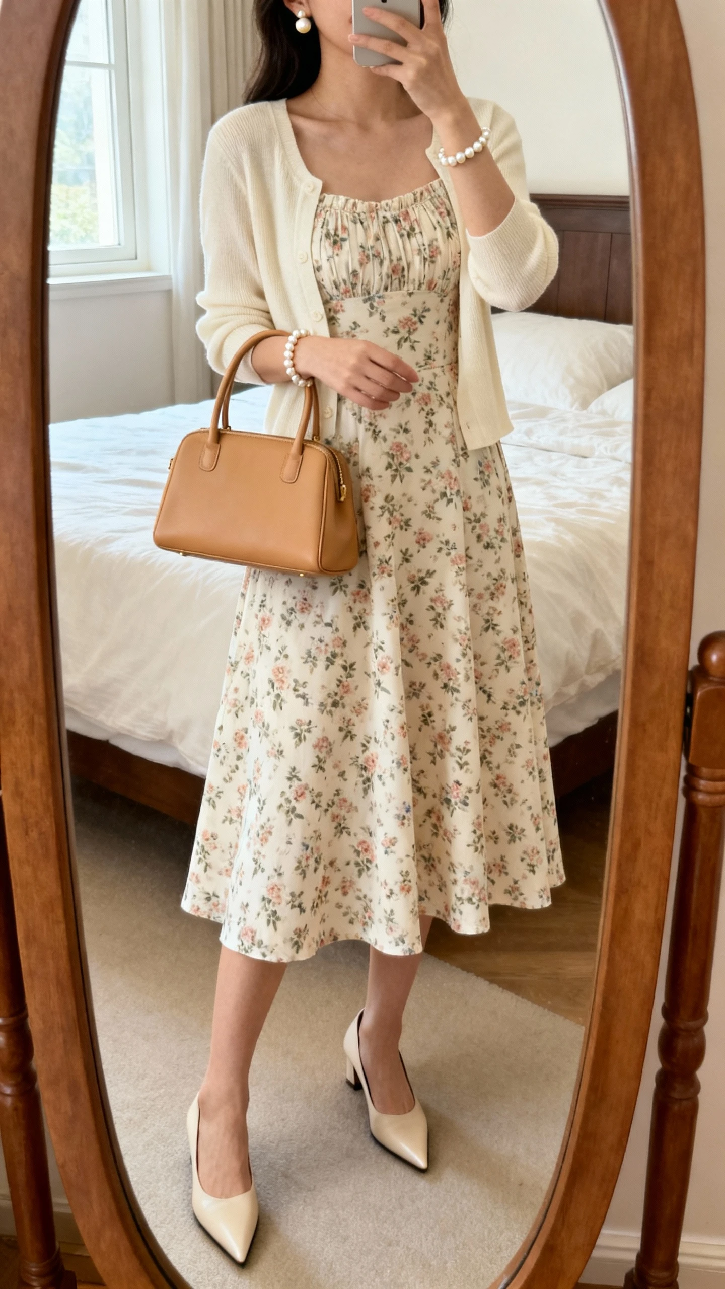 iPhone mirror selfie of a woman wearing a tea-length floral dress with a fitted bodice and gentle A-line skirt, soft cream cardigan, pointed-toe low heels, pearl stud earrings, delicate pearl bracelet, and a structured top-handle bag in tan, face not visible, cropped at neck, bedroom mirror with natural window light, iPhone photo quality.