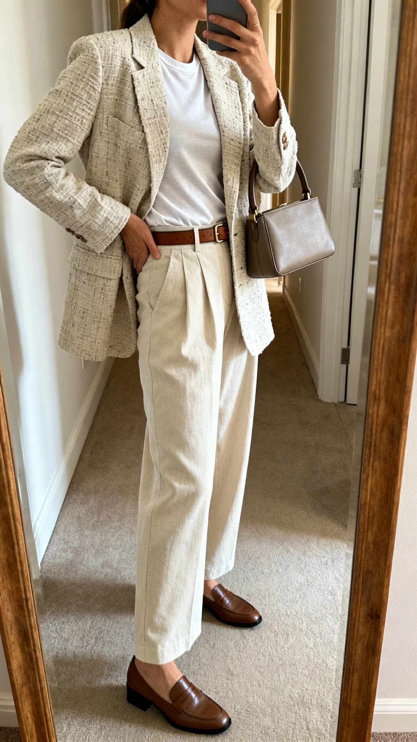 iPhone mirror selfie of a woman wearing a textured cotton blazer over a fitted tee with high-waisted wide-leg trousers, low block-heel loafers, a slim leather belt, and a structured top-handle bag, face not visible, side angle, full-length mirror in hallway, indoor lighting, iPhone photo quality.