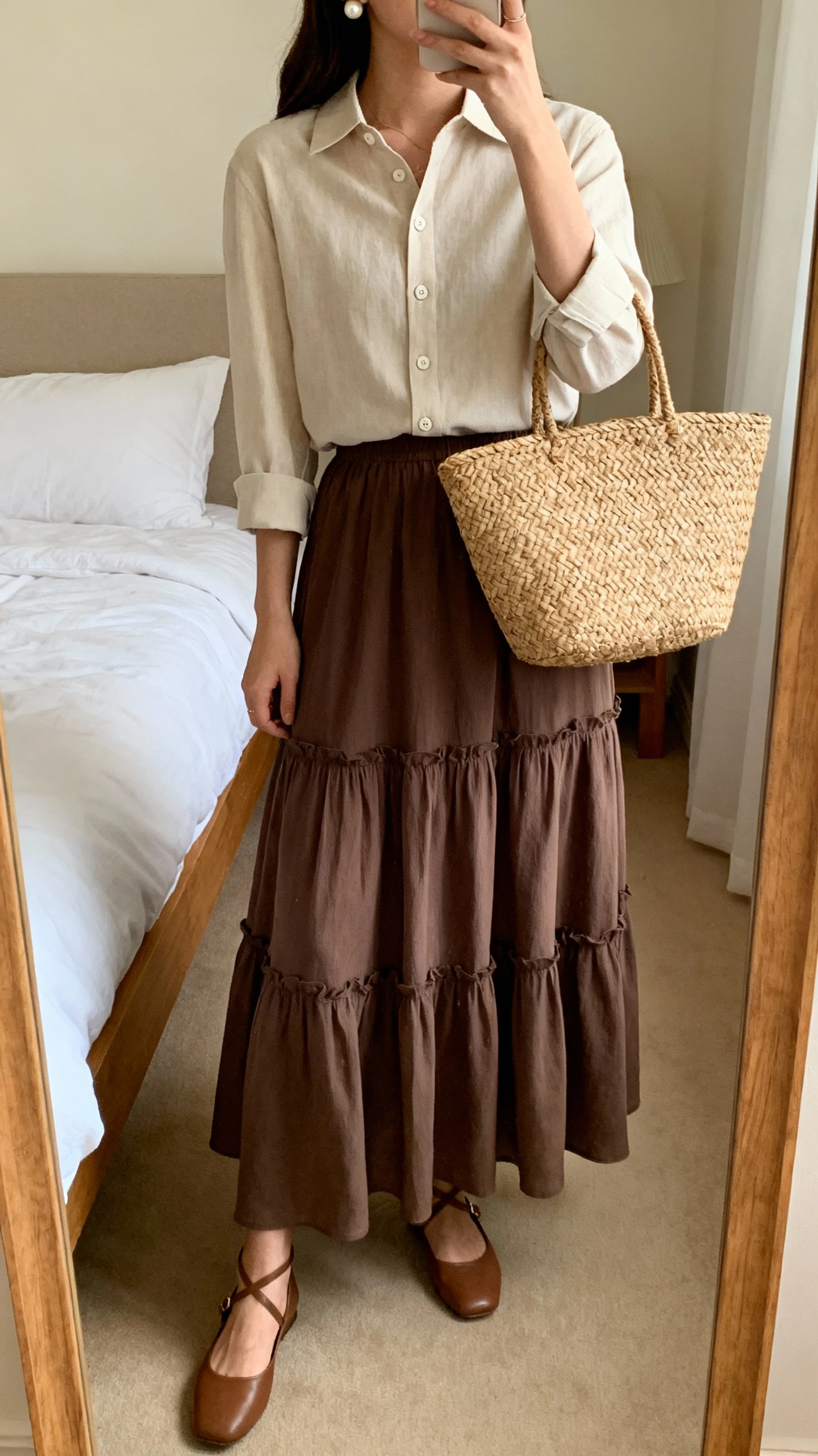 iPhone mirror selfie of a woman wearing a tiered maxi skirt with a buttoned blouse (sleeves neatly cuffed), ankle-strap flats, pearl studs, and a woven tote, face not visible, cropped at shoulders, bedroom mirror, warm indoor lighting, iPhone photo quality.