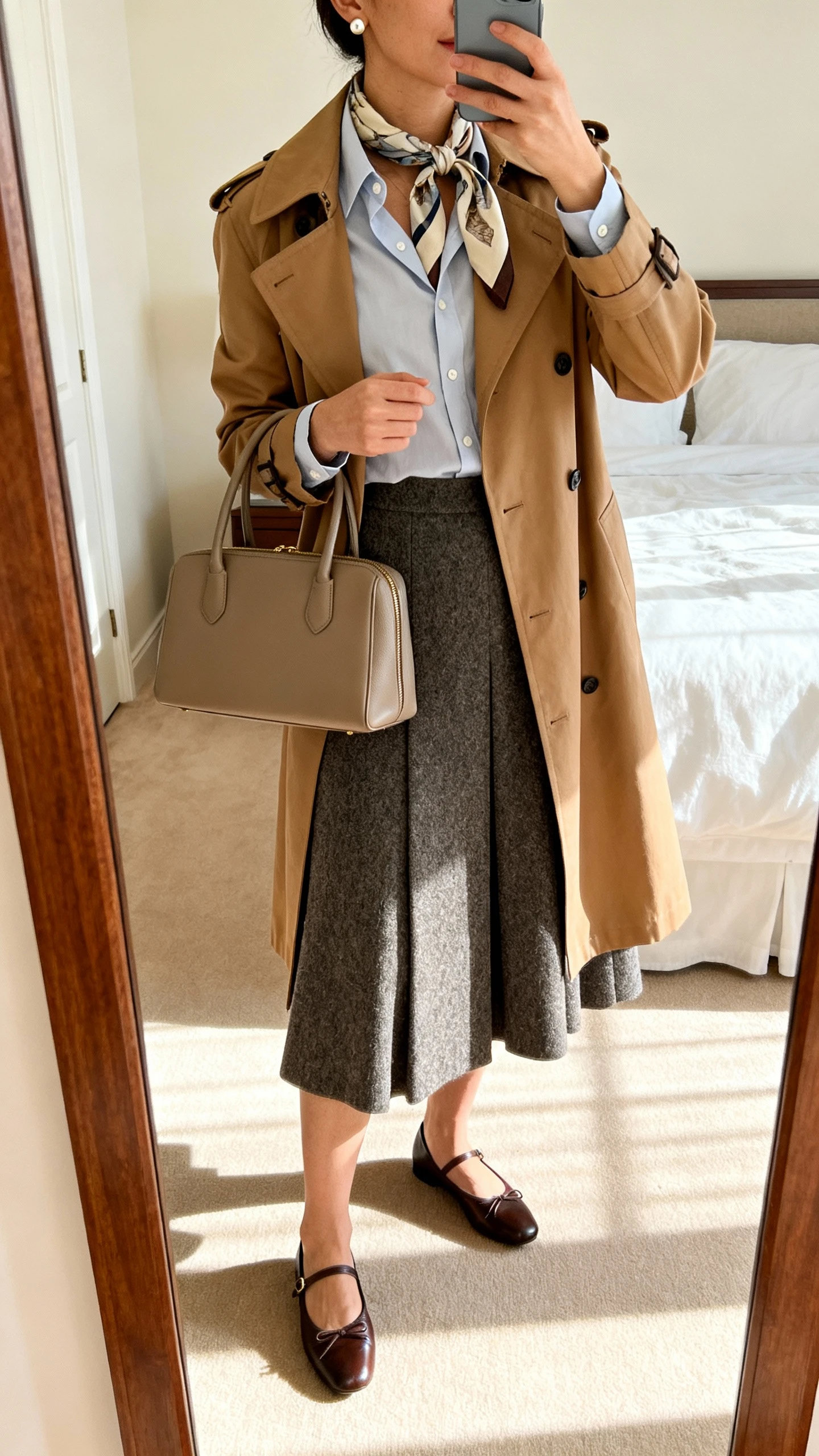 iPhone mirror selfie of a woman wearing a wool mid-length A-line skirt, crisp button-up shirt, camel trench coat, polished ballet flats, medium top-handle bag, silk scarf, and refined stud earrings, face not visible, cropped at shoulders, bedroom mirror, soft morning light, iPhone photo quality.