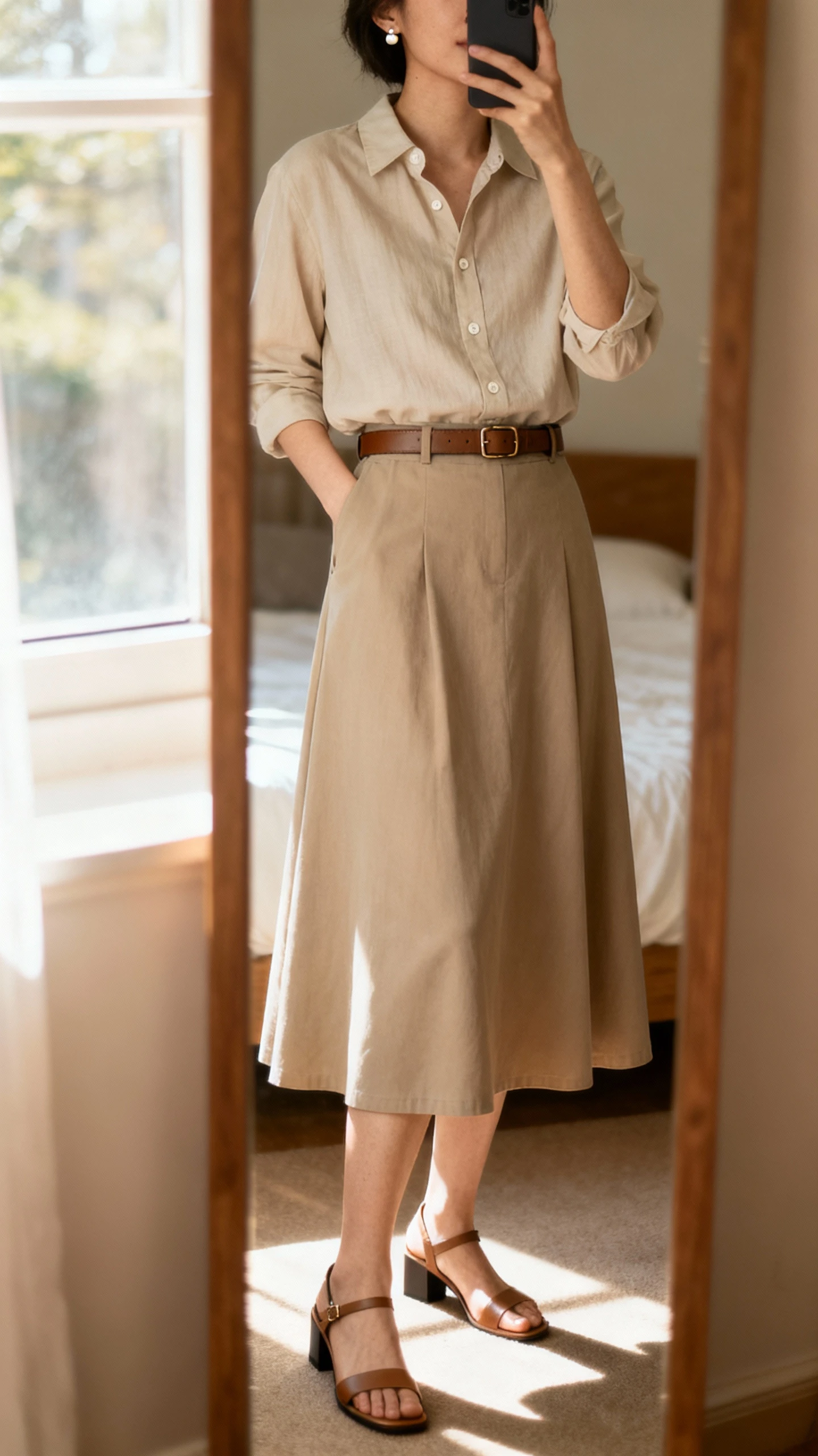 iPhone mirror selfie of a woman wearing an A-line midi skirt with a button-up shirt tucked in, slim belt, low block-heel sandals, simple stud earrings, face not visible, cropped at neck, bedroom mirror with natural morning window light, iPhone photo quality.