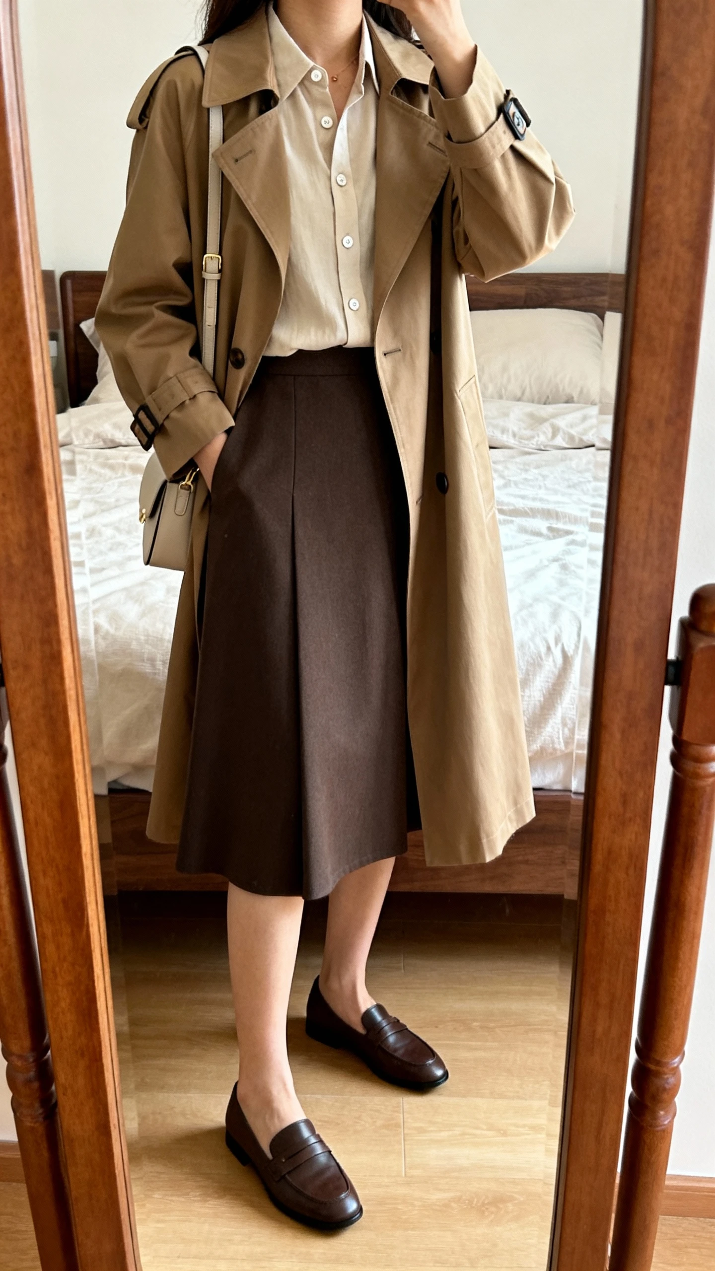 iPhone mirror selfie of a woman wearing an A-line skirt and a buttoned blouse under a polished trench coat, with loafers and a minimal shoulder bag, face not visible, cropped at shoulders, bedroom mirror, natural daylight, iPhone photo quality.