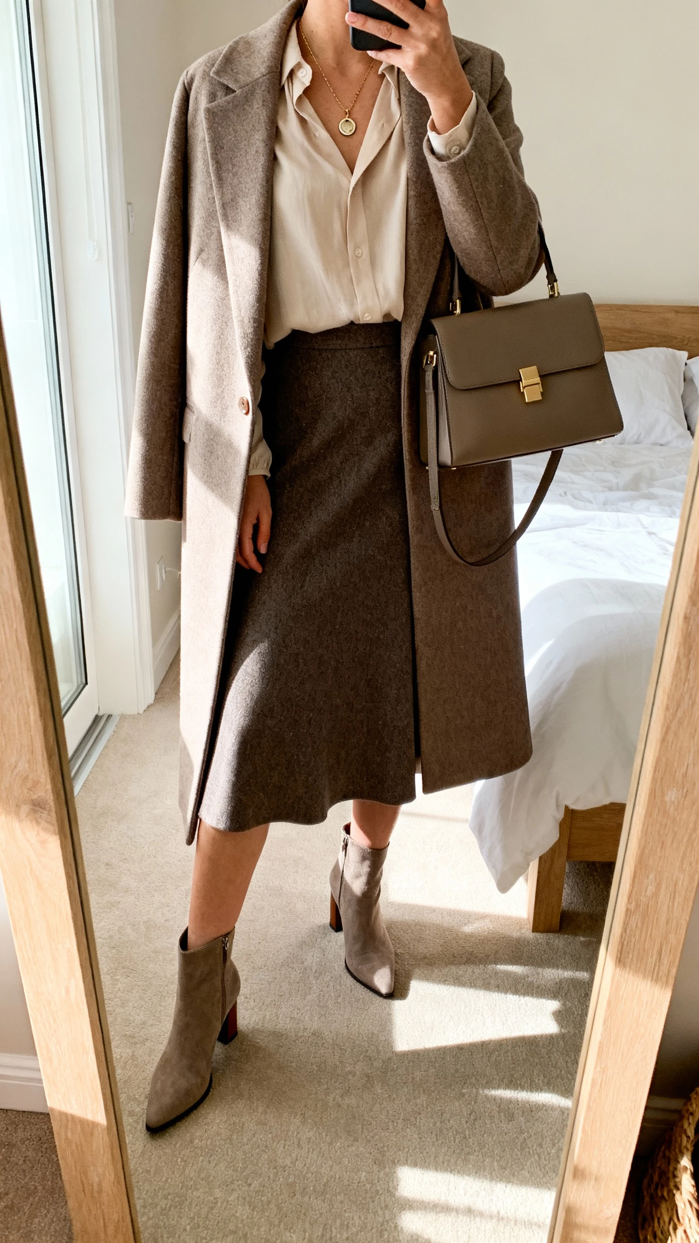 iPhone mirror selfie of a woman wearing an A-line skirt with a soft blouse and a long tailored coat, understated pendant necklace, heeled ankle boots, and a structured handbag, face not visible, bedroom mirror, gentle morning light, iPhone photo quality.