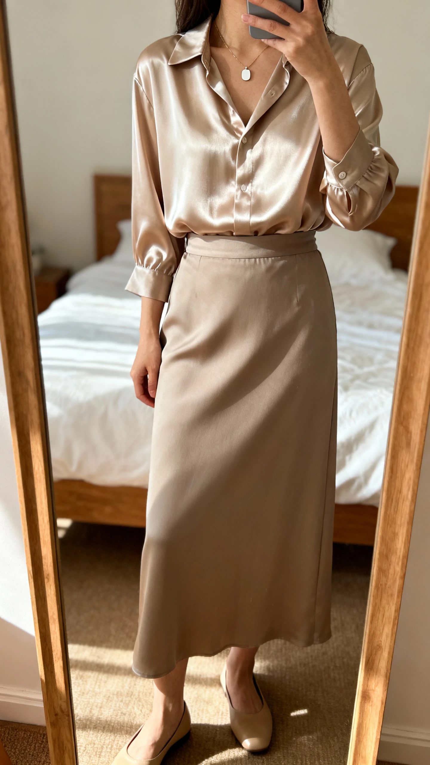 iPhone mirror selfie of a woman wearing an effortless satin blouse with a subtle sheen tucked into a straight maxi skirt, minimal pendant necklace and flats, face not visible, cropped at shoulders, bedroom mirror, soft afternoon light, iPhone photo quality.