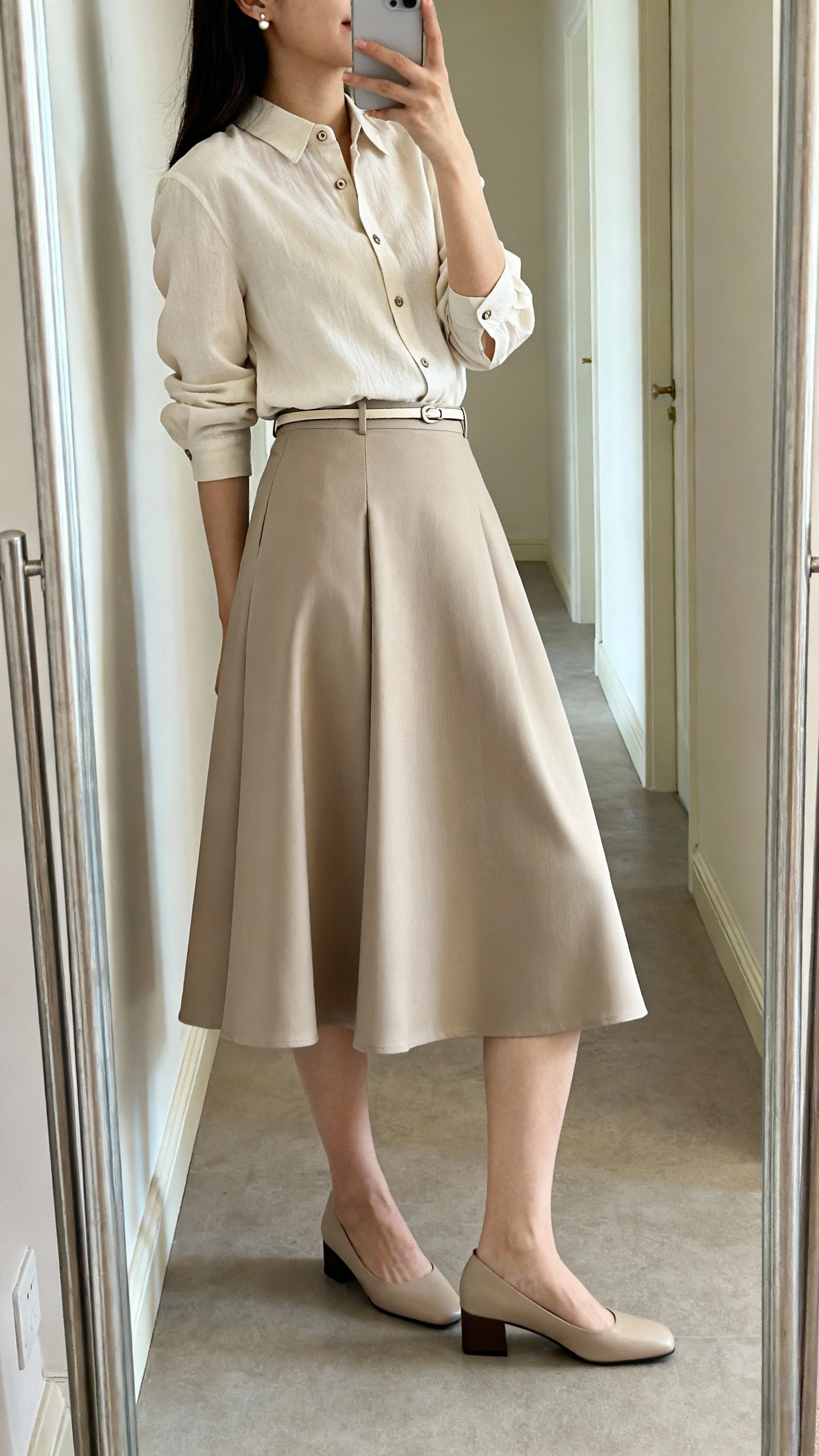 iPhone mirror selfie of a woman wearing an elegant A-line midi skirt with a tucked-in buttoned blouse, thin waist belt, low block heels, and delicate stud earrings, face not visible, side angle in a hallway full-length mirror, soft indoor lighting, iPhone photo quality.