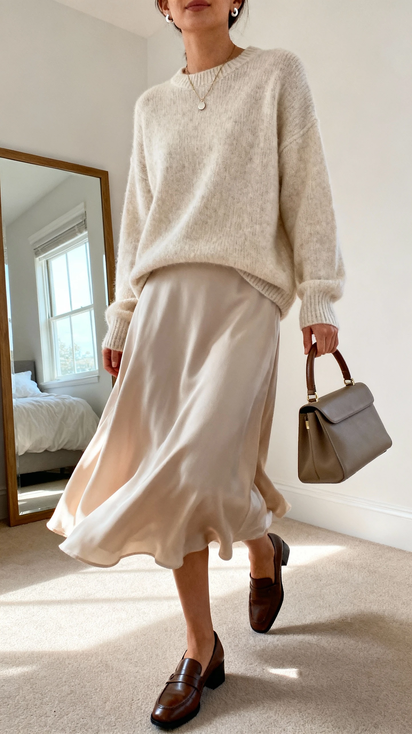 iPhone mirror selfie of a woman wearing an elevated crewneck sweater with a flowing midi skirt that moves, low block-heel loafers, delicate pendant necklace, simple stud earrings, and a structured top-handle bag; face not visible, cropped at neck, bedroom mirror, natural window light, iPhone photo quality.