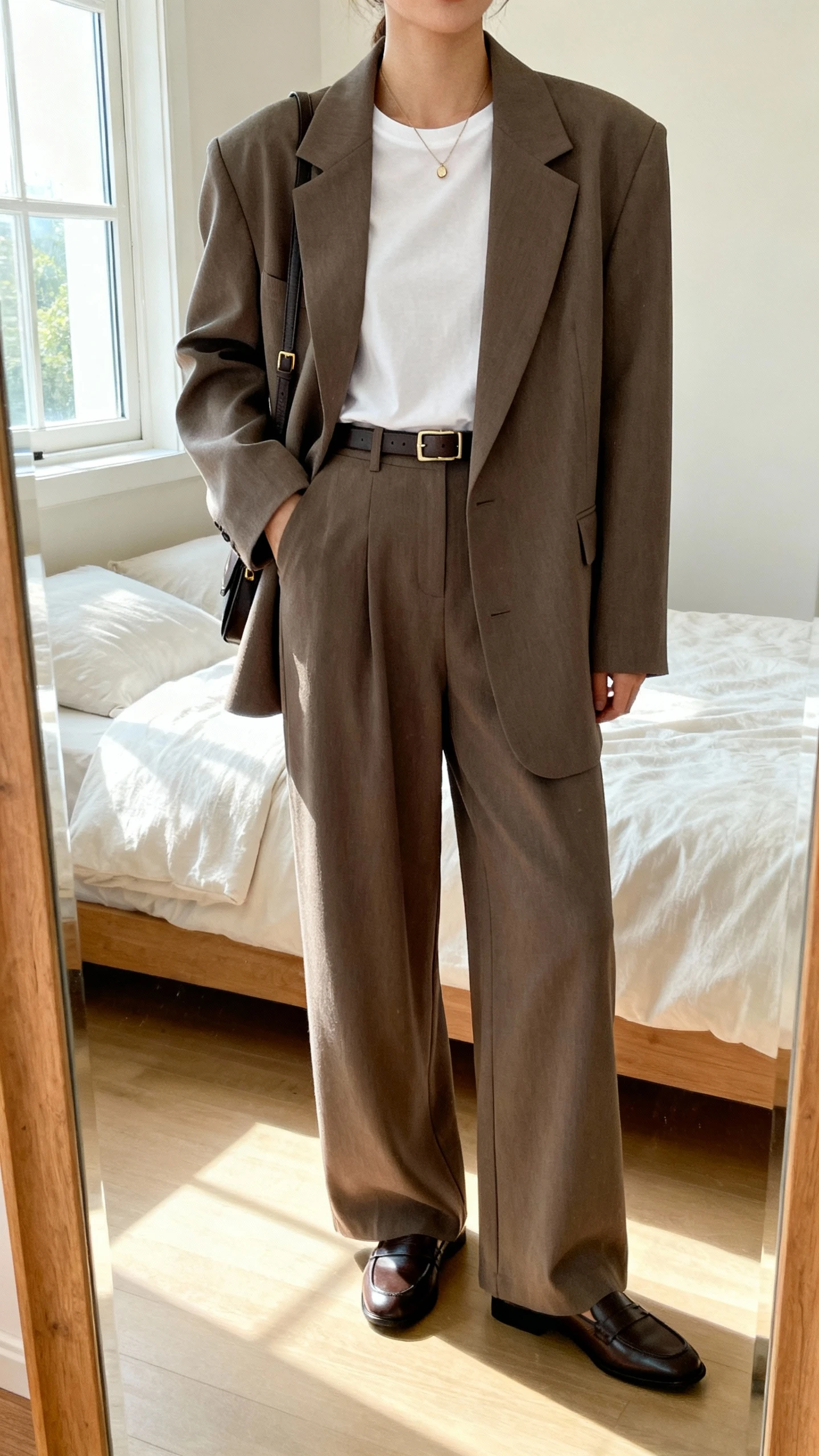 iPhone mirror selfie of a woman wearing an oversized blazer with matching wide-leg trousers, simple white tee, sleek loafers, minimal crossbody bag, slim belt, delicate pendant, face not visible, cropped at neck, bedroom mirror, natural window light, iPhone photo quality.