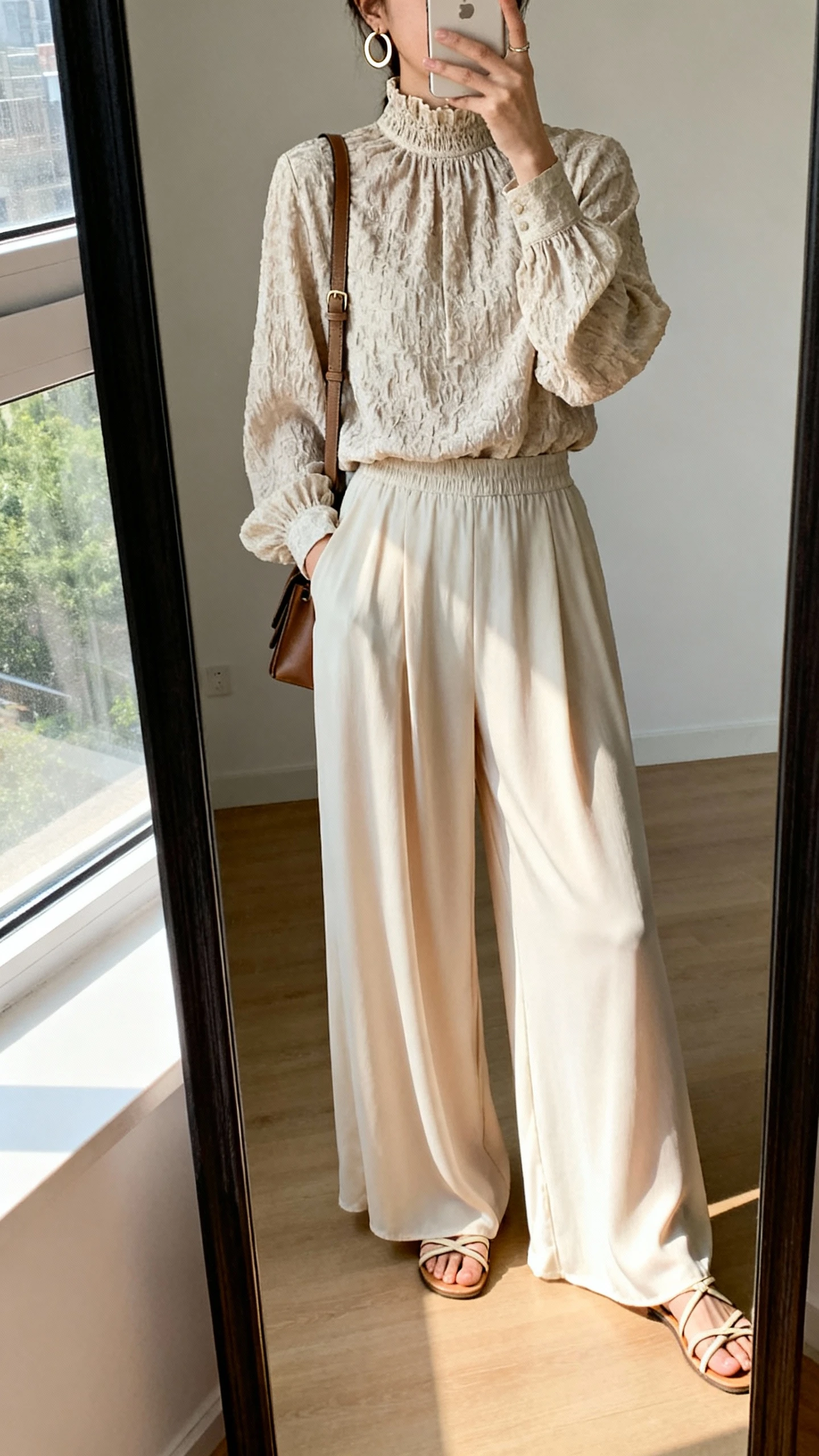 iPhone mirror selfie of a woman wearing flowing palazzo pants with a textured high-neck blouse, simple hoop earrings, strappy sandals, and a crossbody bag on the side, face not visible, full-length mirror, bright natural window light, iPhone photo quality.