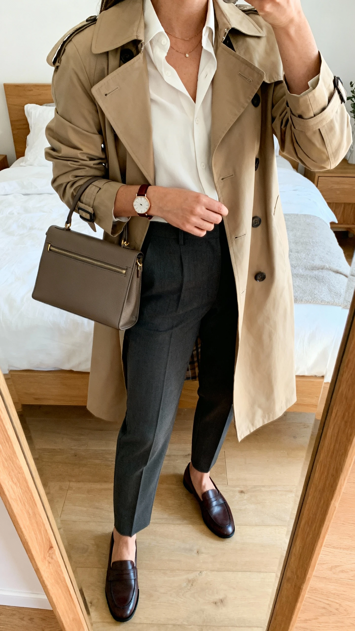 iPhone mirror selfie of a woman wearing tailored trousers, a blouse, and a trench coat, with loafers, a slim leather watch, and a structured handbag, face not visible, cropped at shoulders, bedroom mirror, natural daylight, iPhone photo quality.